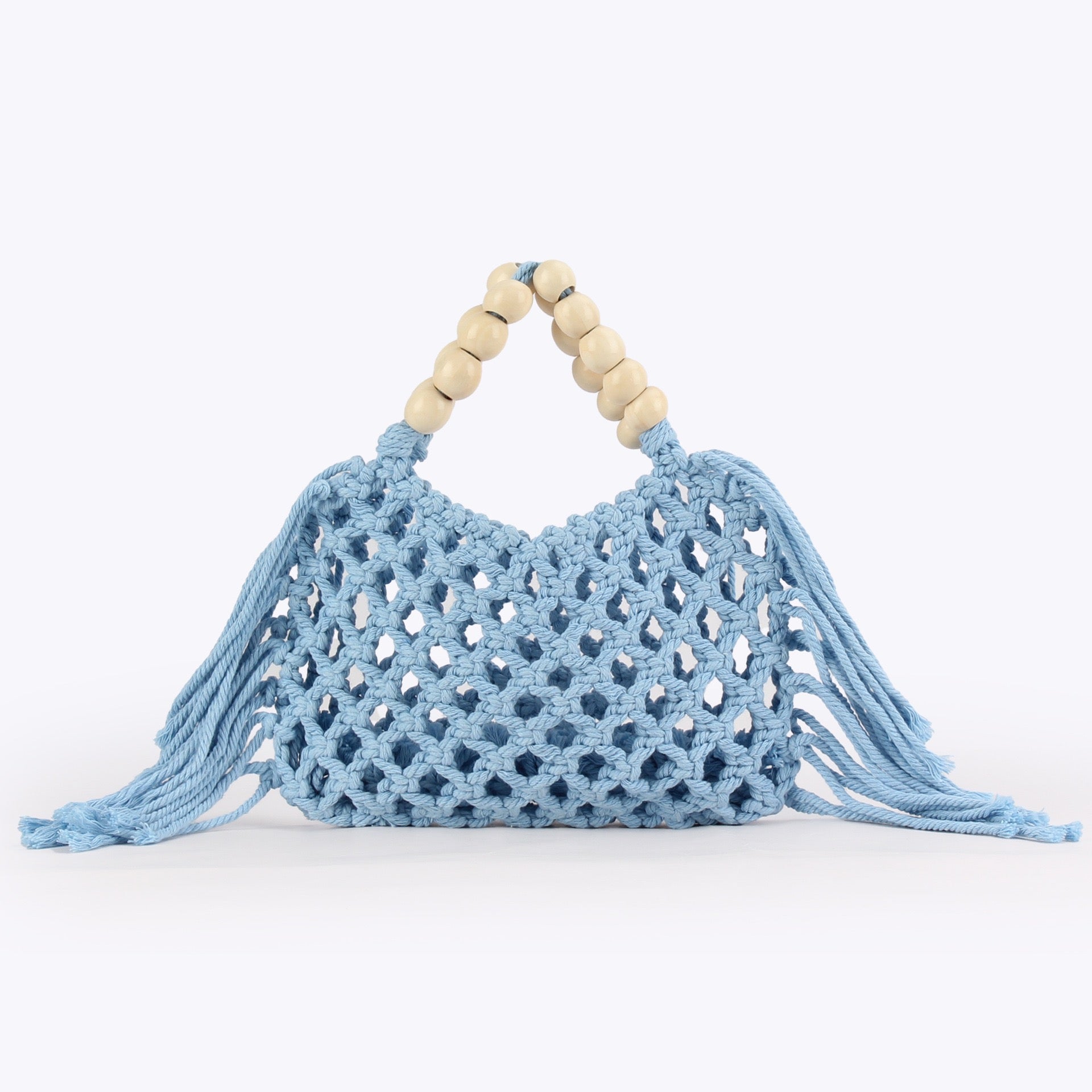 Azur — Mini sac filet macramé bleu, anse perles bois