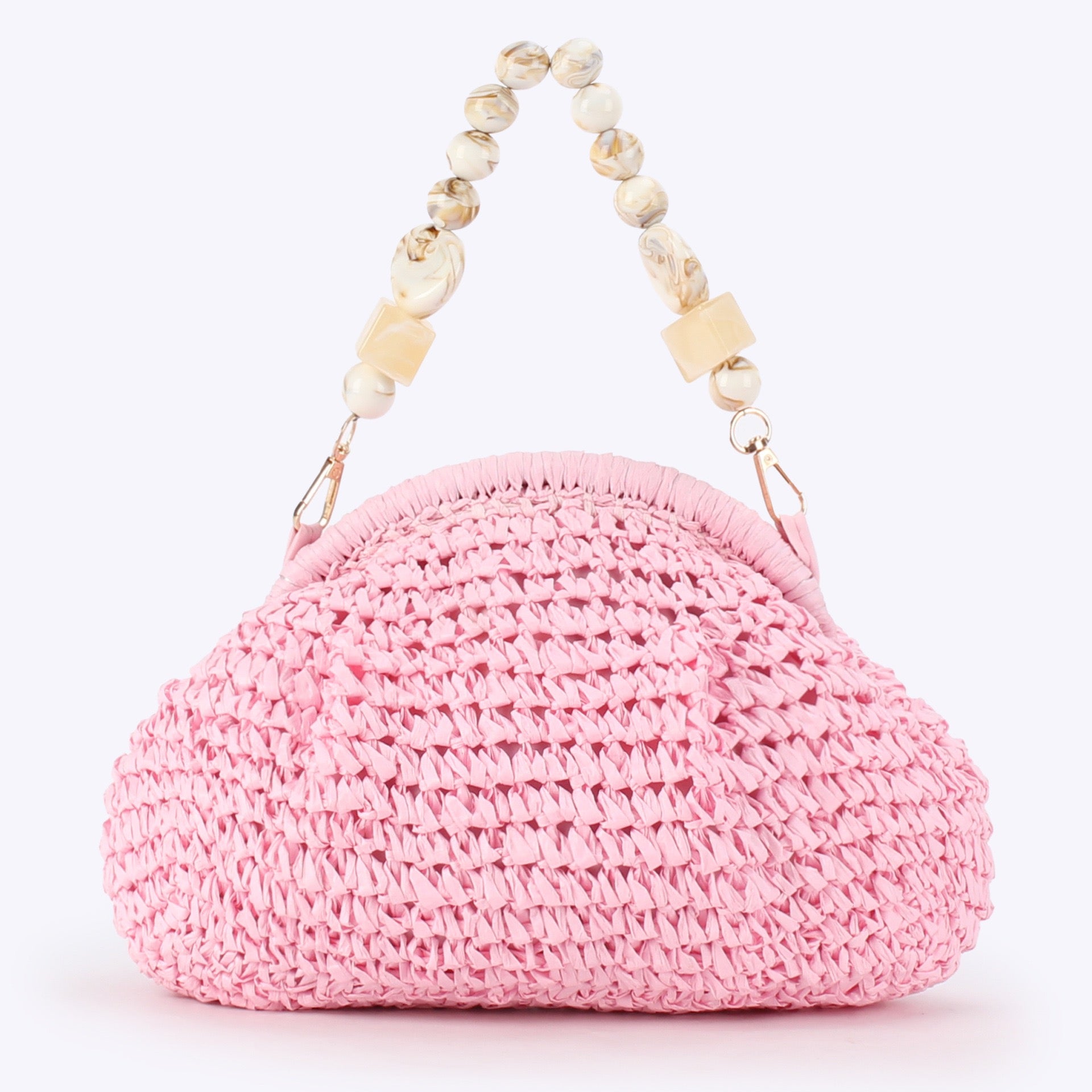 Bohème — Pochette croissant au crochet, anse perles marbrées