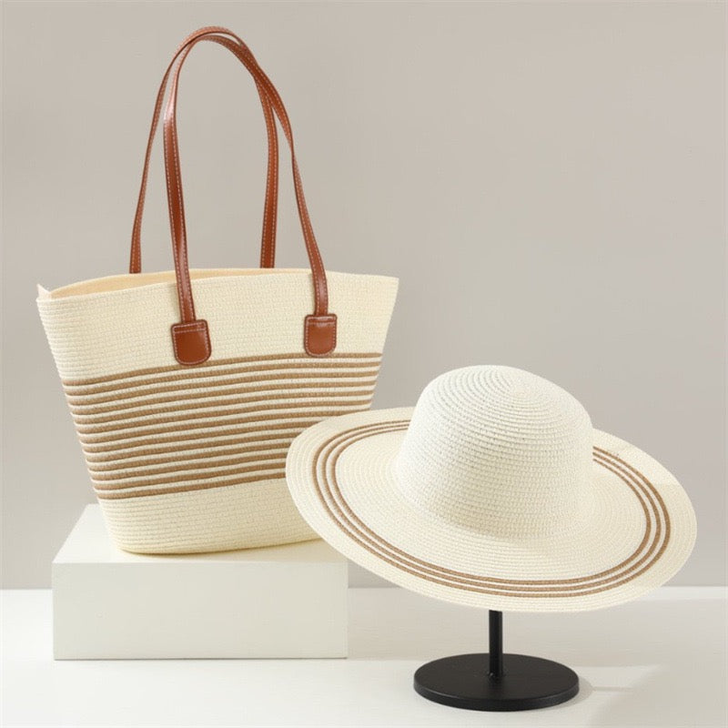 Sahara Duo — Cabas tissé rayé & chapeau à large bord assorti