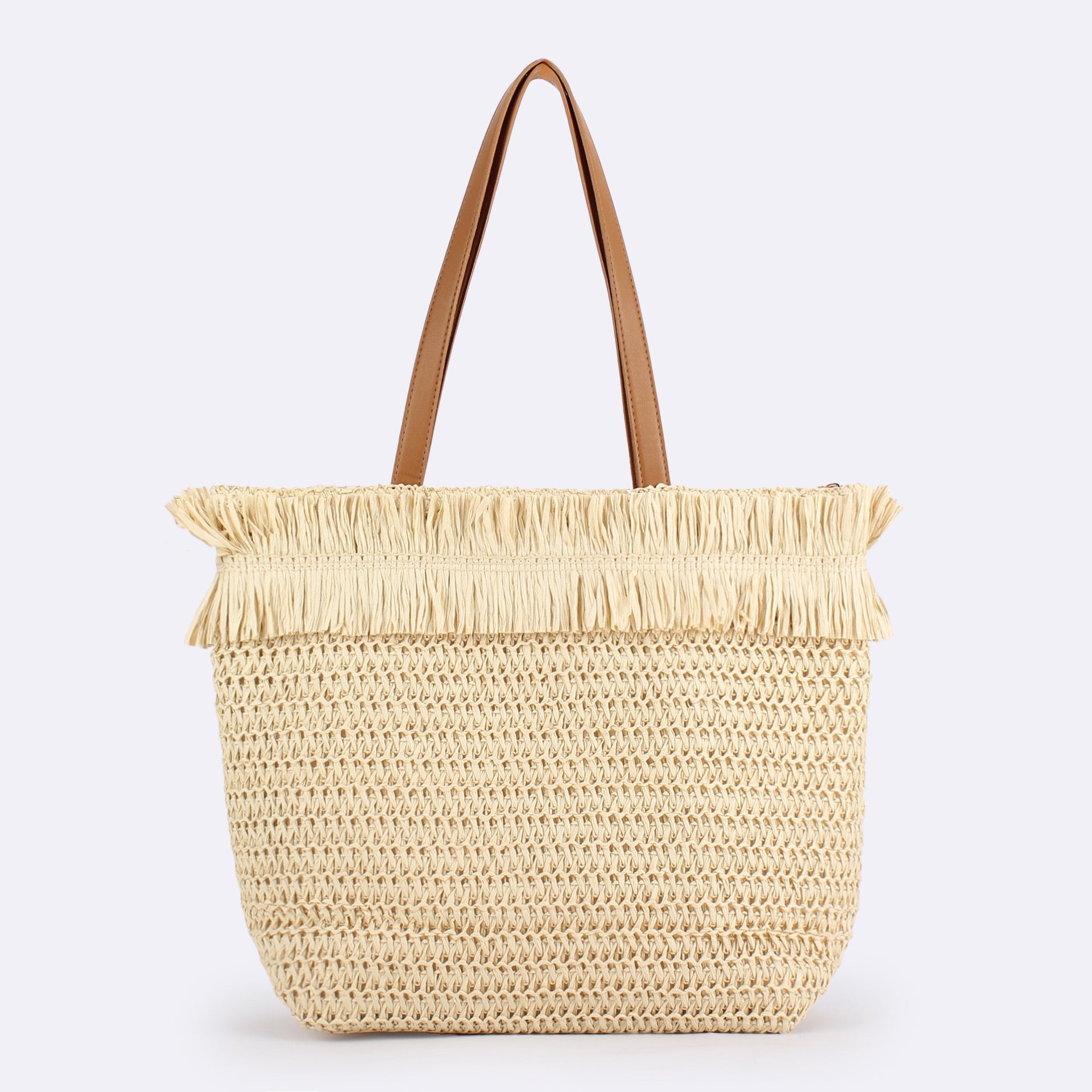 Garrigue — Grand tote en paille à franges, anses cuir
