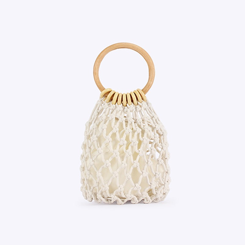Ibiza — Mini bucket filet macramé, anse anneau bois