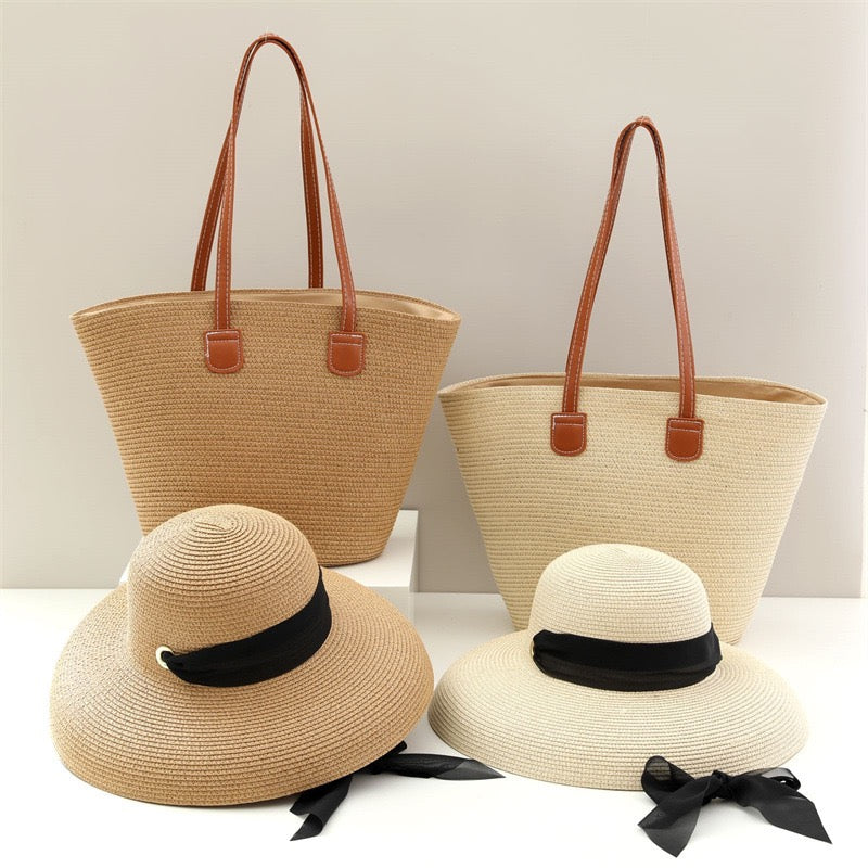 Capri Duo — Cabas anses cuir & capeline à ruban satin noir