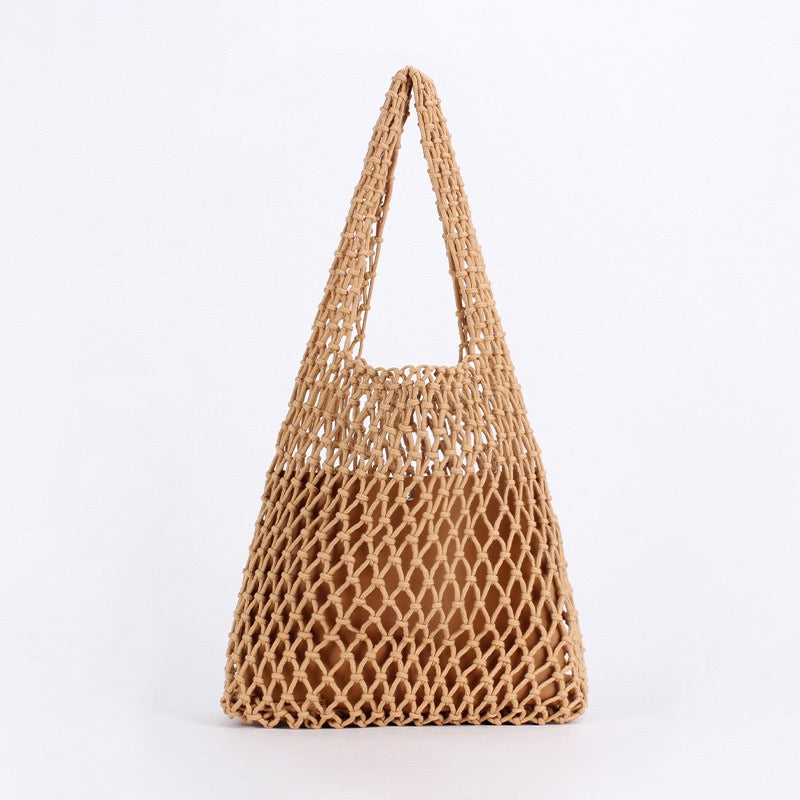Antibes — Sac filet macramé camel à anse intégrée