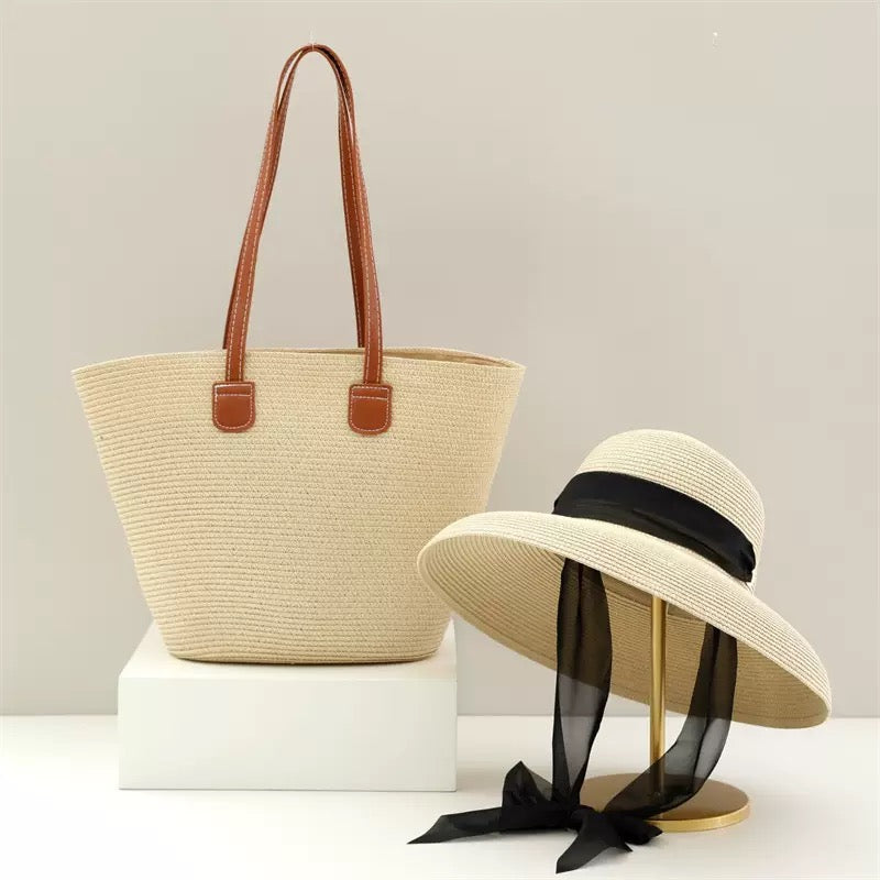 Capri Duo — Cabas anses cuir & capeline à ruban satin noir
