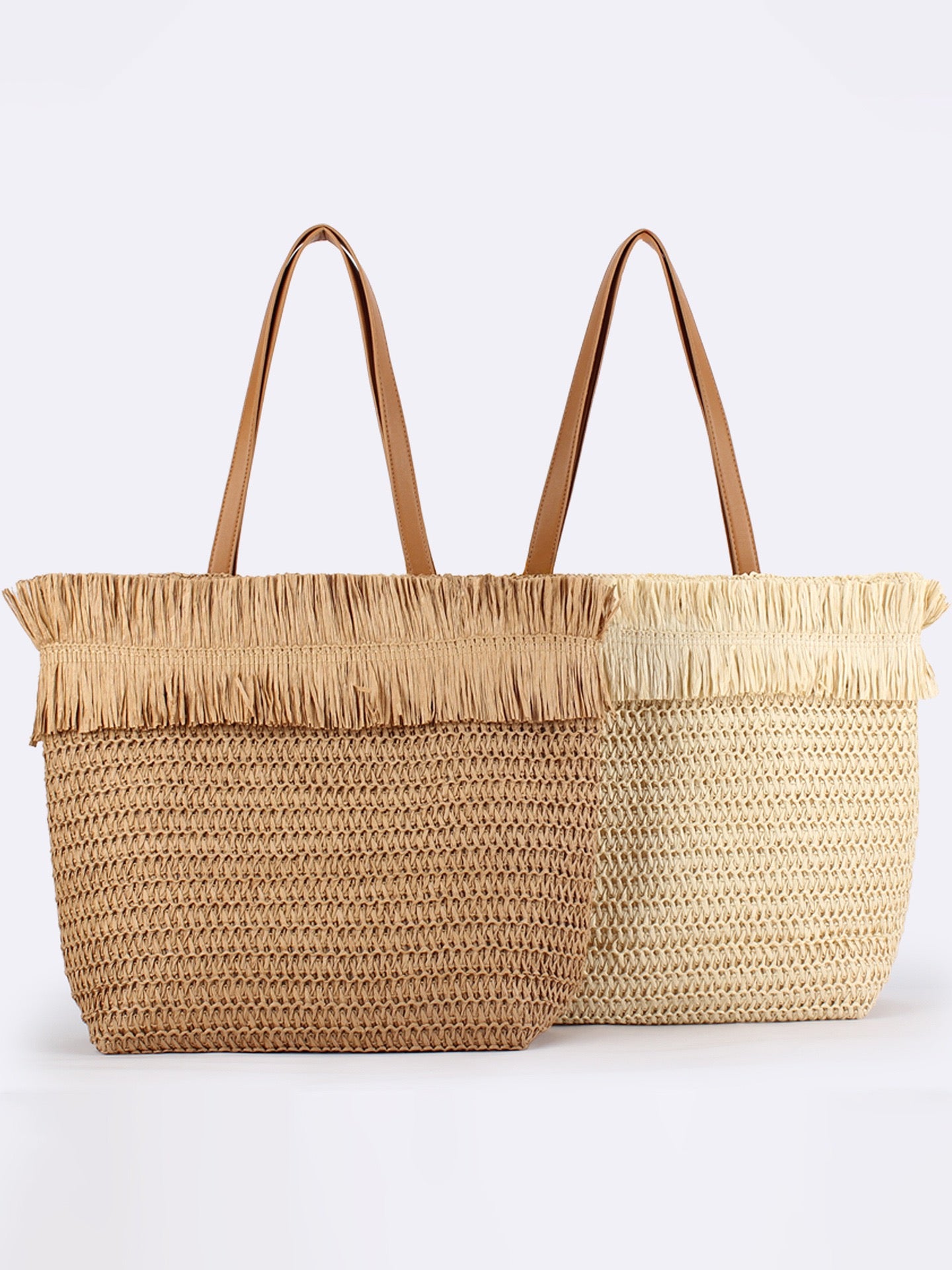 Garrigue — Grand tote en paille à franges, anses cuir