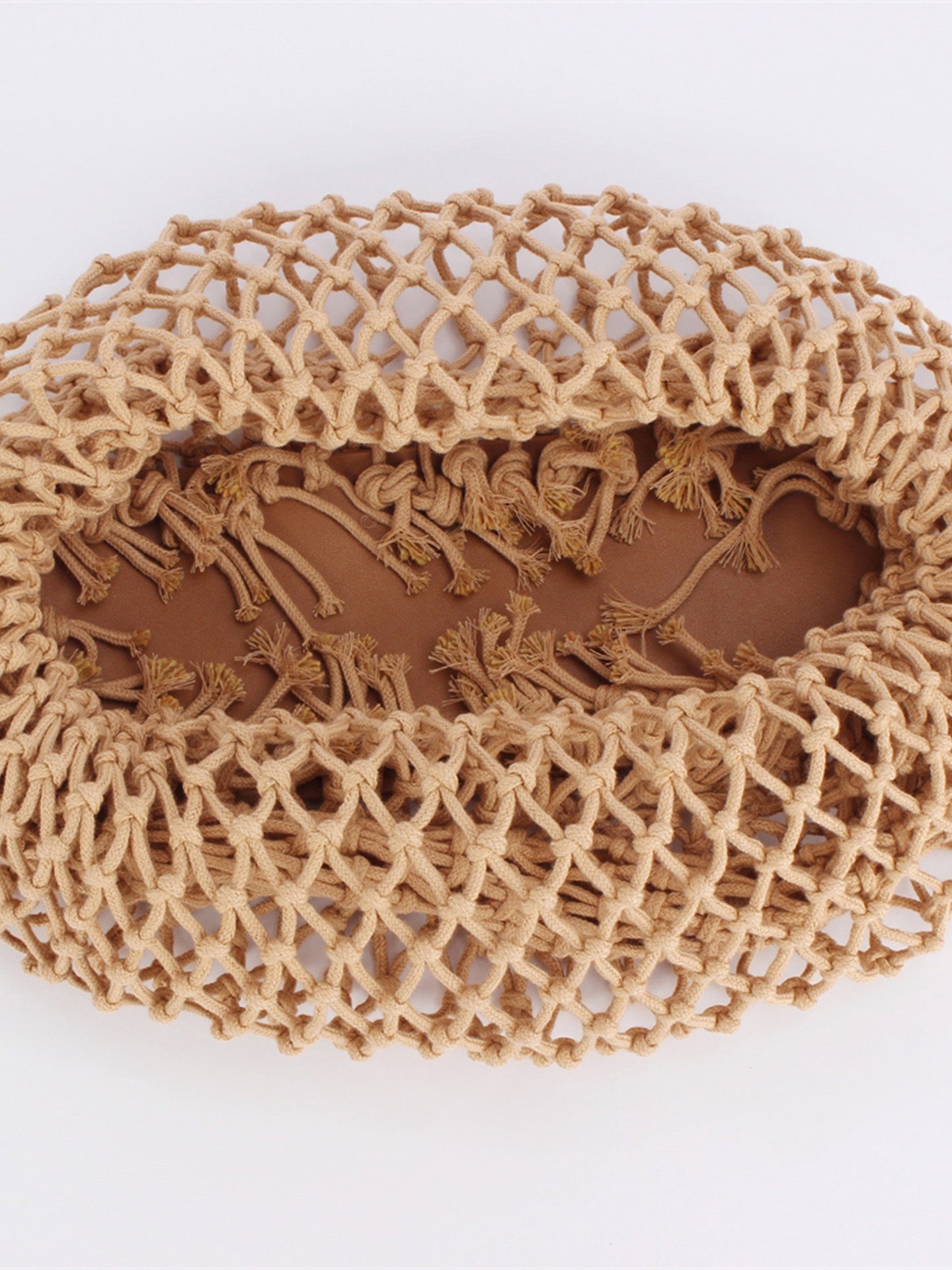 Antibes — Sac filet macramé camel à anse intégrée
