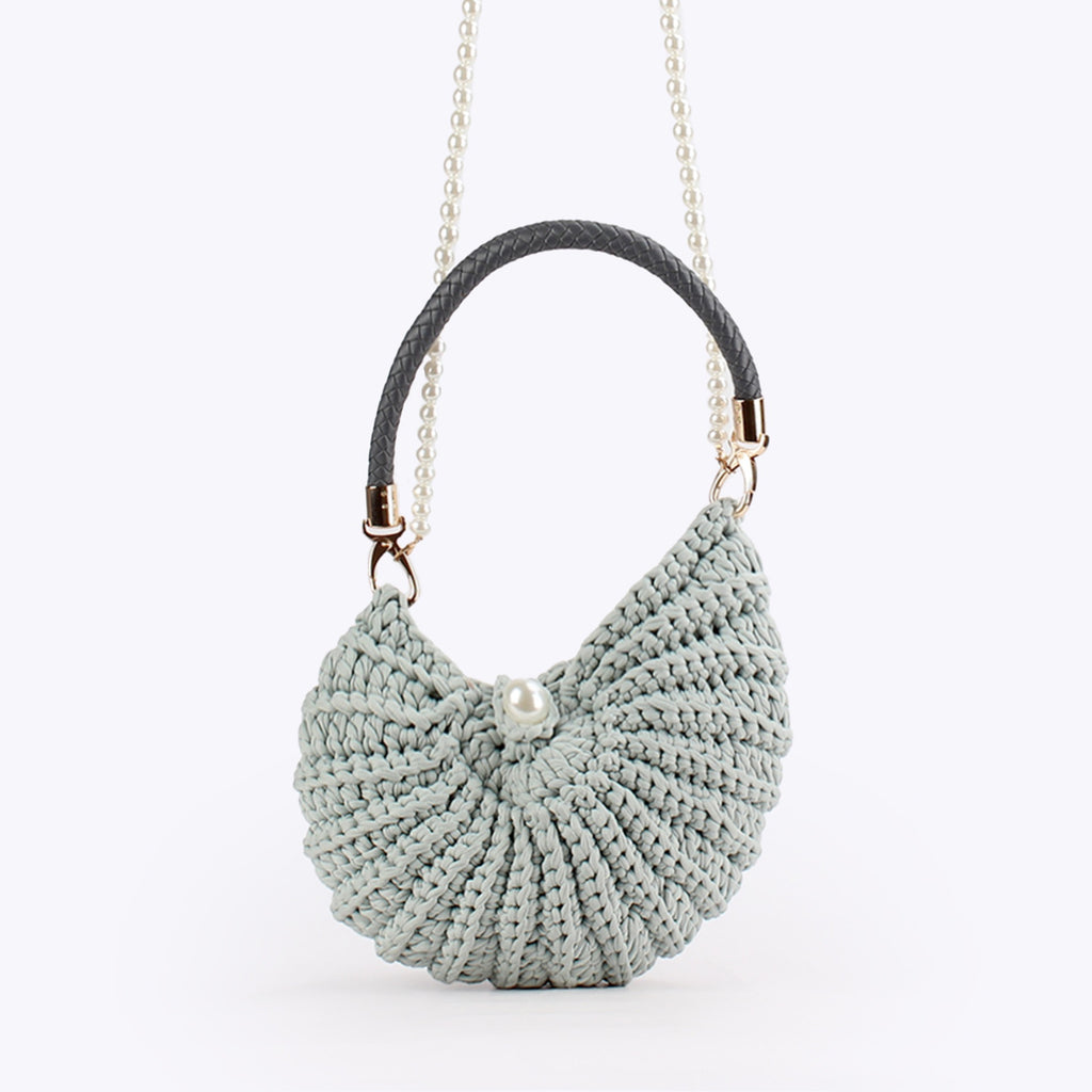 Nordique — Sac coquillage crochet chunky, anse perles & top-handle