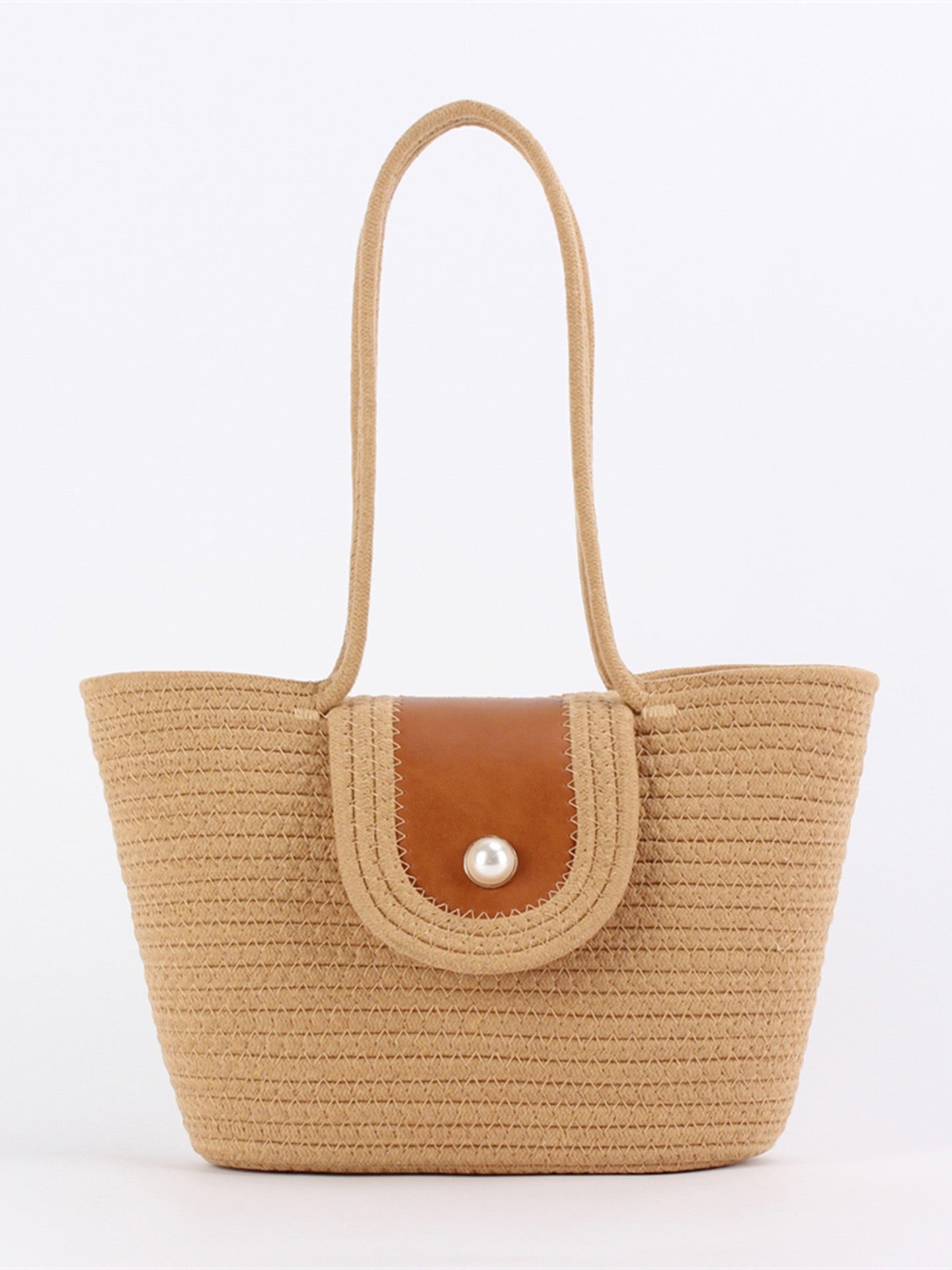 Riviera Marine — Panier corde camel, rabat cuir & perle