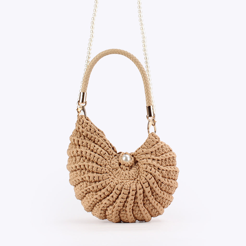 Nordique — Sac coquillage crochet chunky, anse perles & top-handle