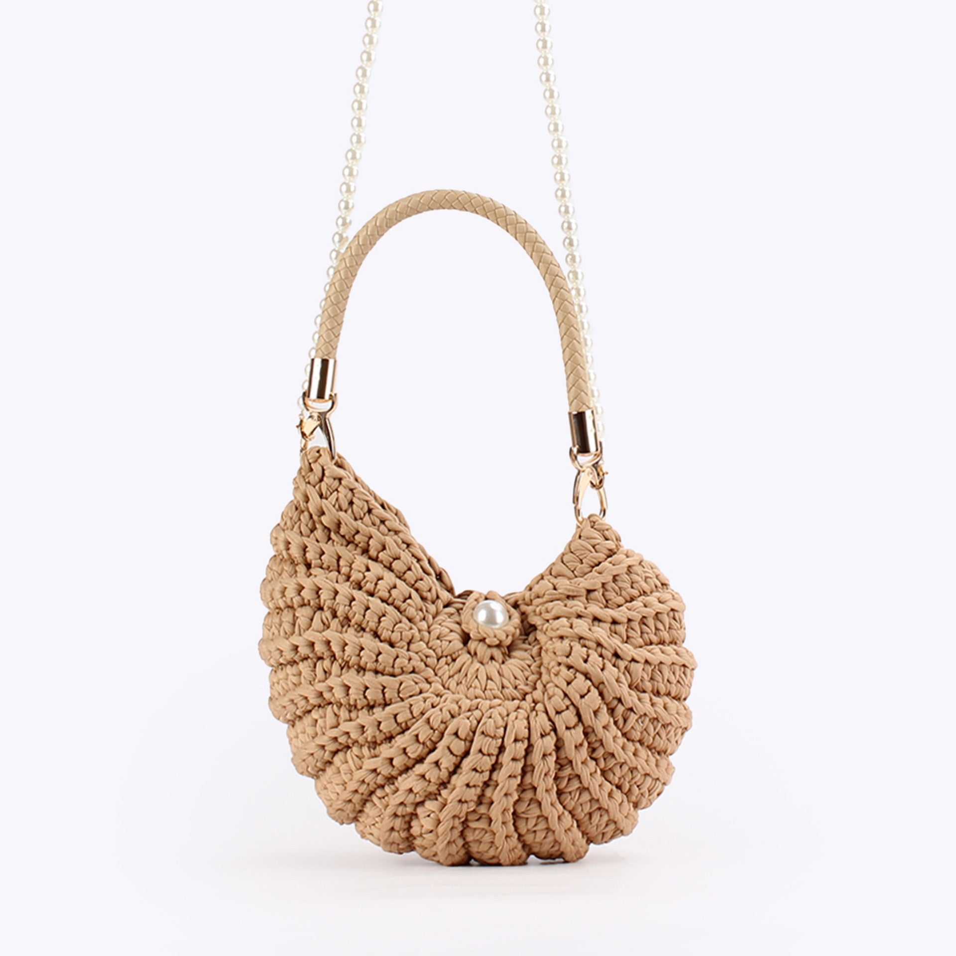 Nordique — Sac coquillage crochet chunky, anse perles & top-handle