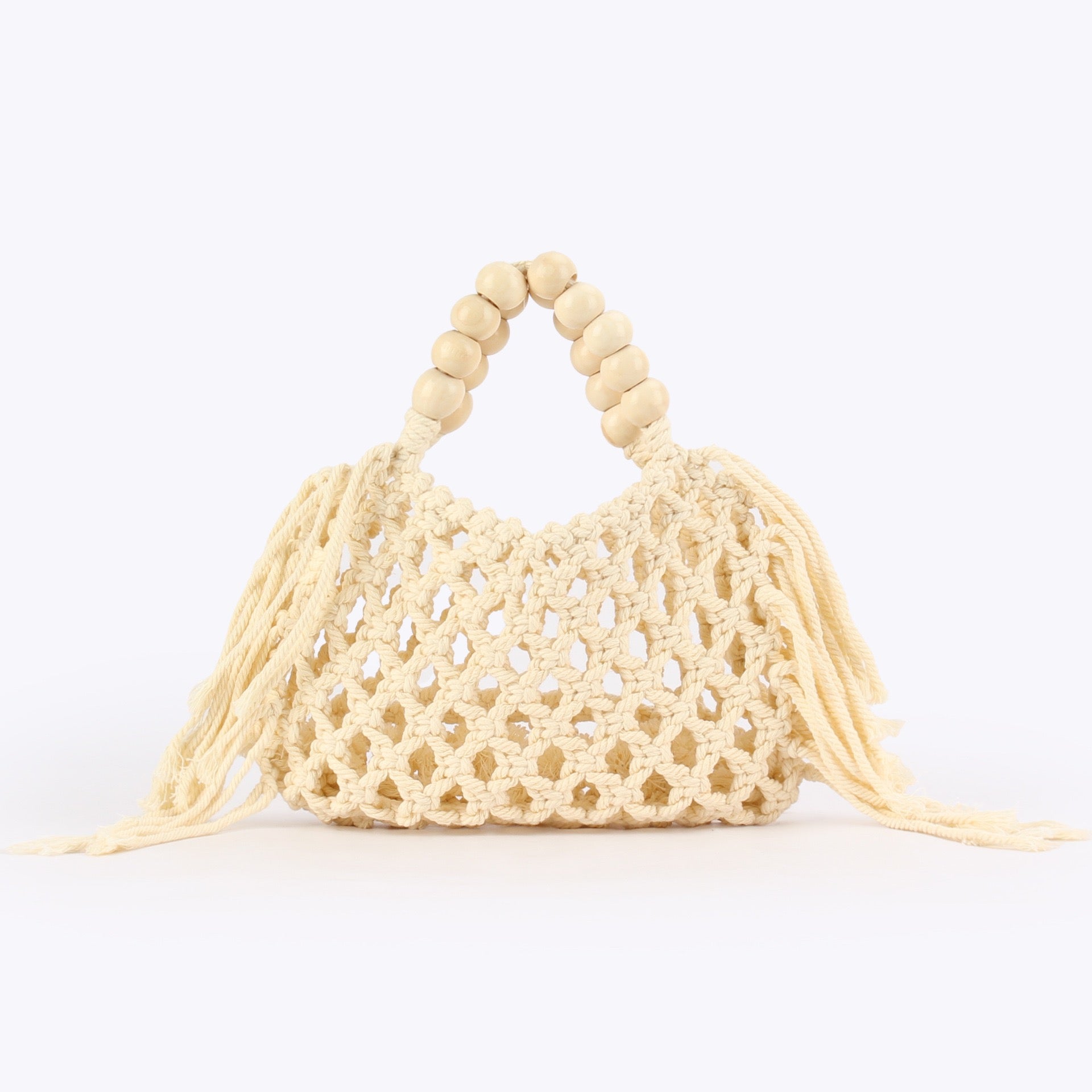 Azur — Mini sac filet macramé bleu, anse perles bois
