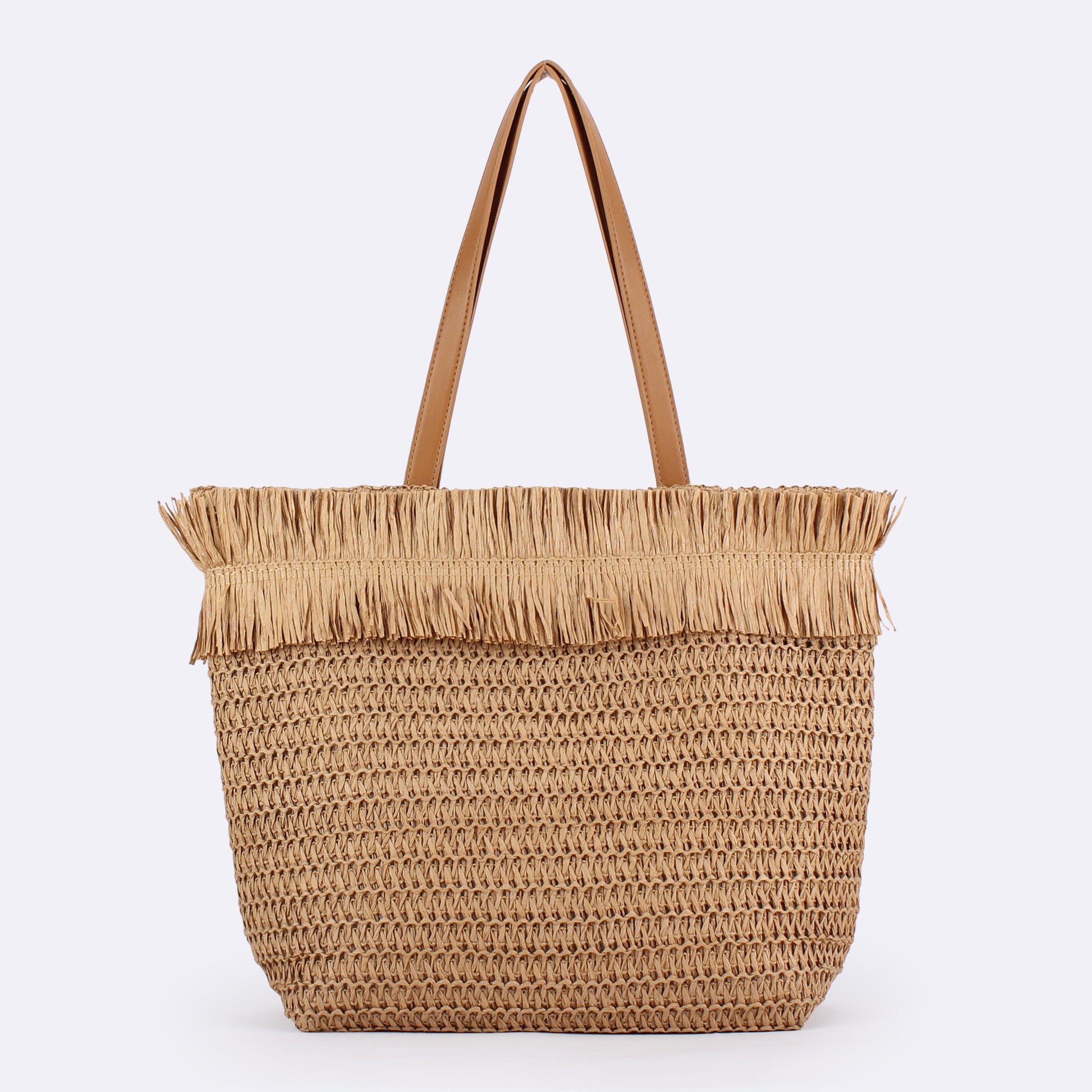 Garrigue — Grand tote en paille à franges, anses cuir