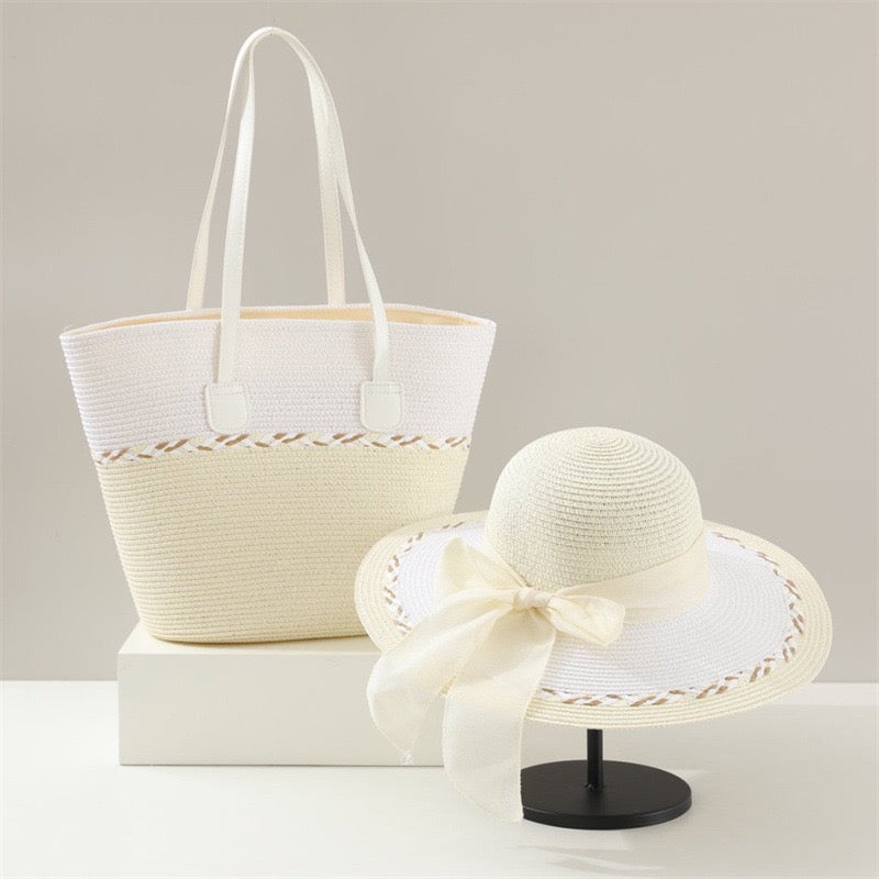 Provence Duo — Cabas bicolore & capeline blanche à ruban satin