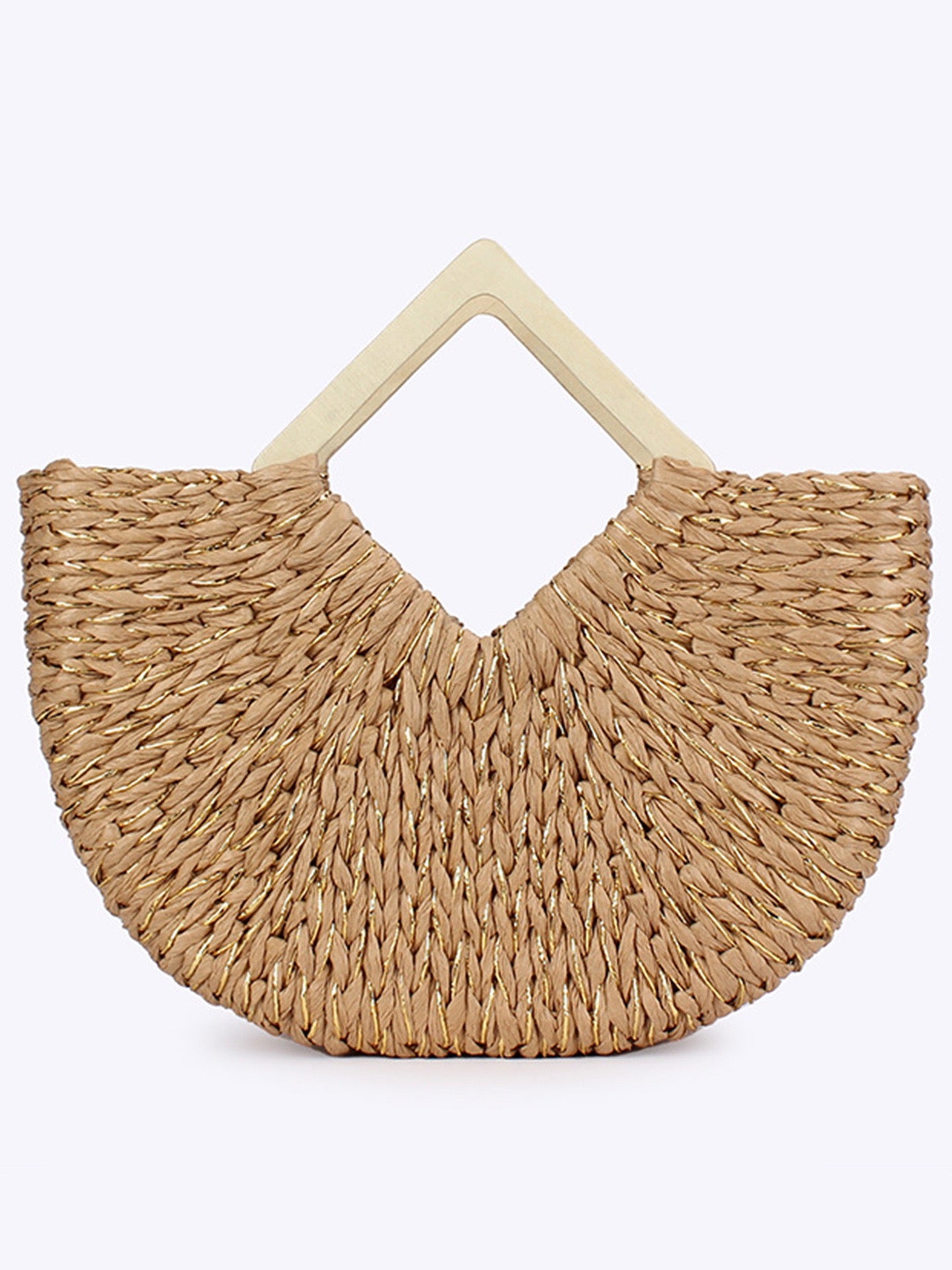 Pétale — Sac demi-lune en raphia doré, anses bois losange