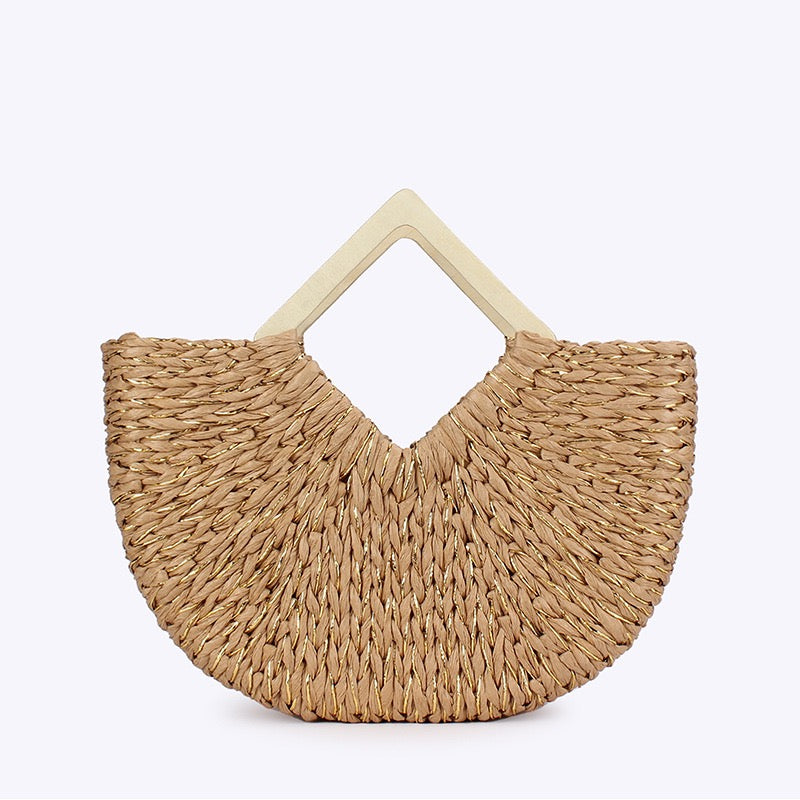 Pétale — Sac demi-lune en raphia doré, anses bois losange