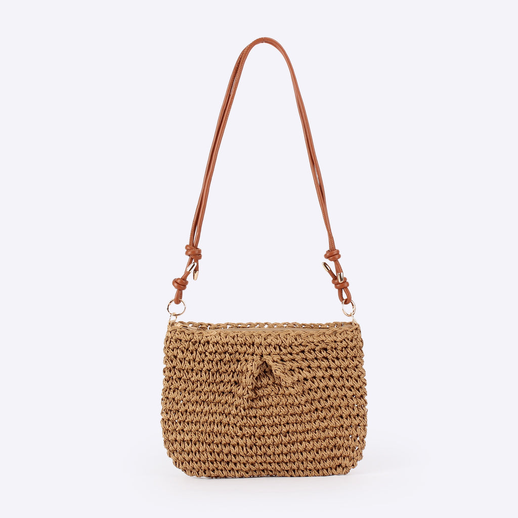 Sable Fin — Mini sac bandoulière crochet camel, lanière cuir