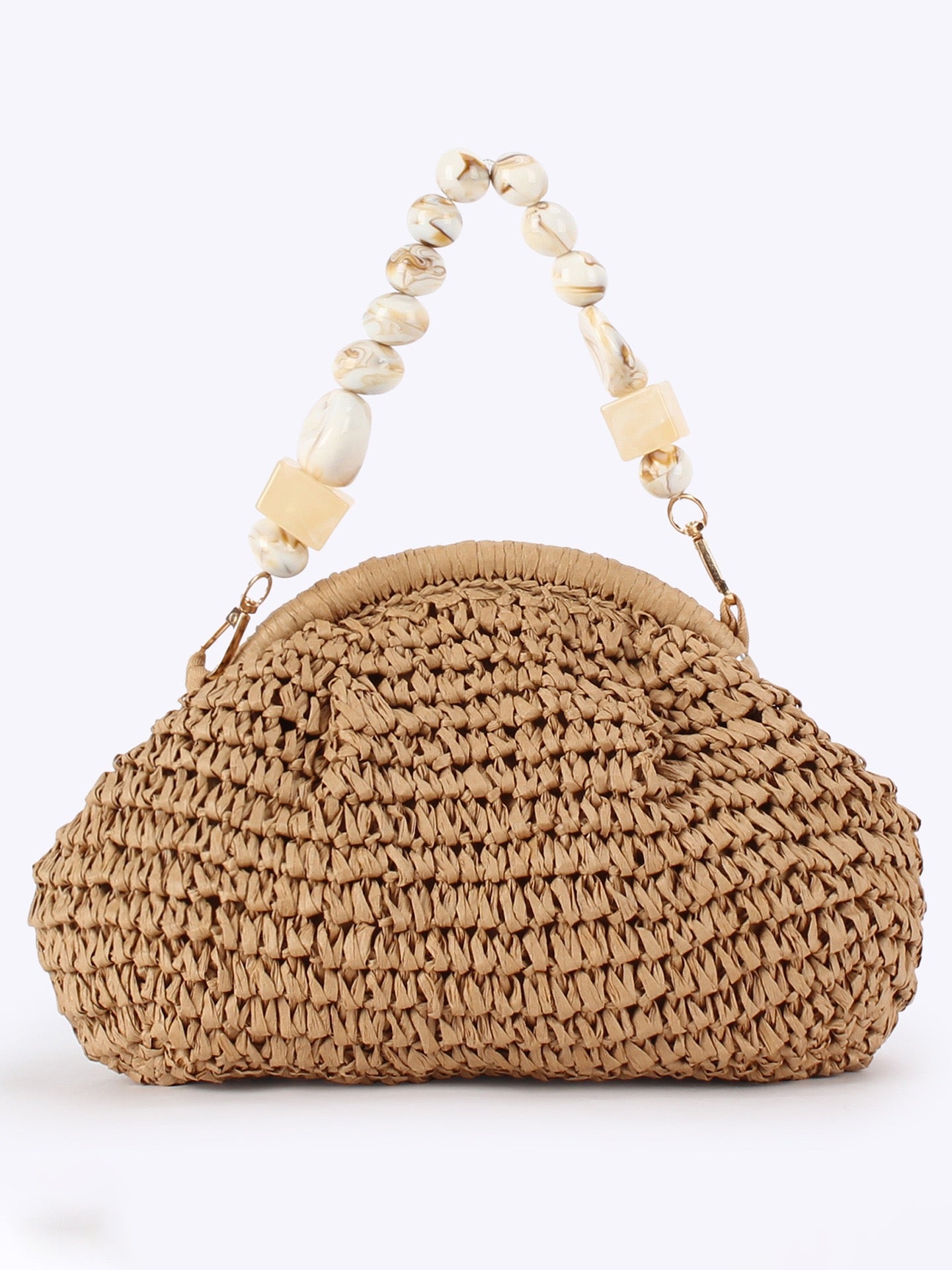 Bohème — Pochette croissant au crochet, anse perles marbrées