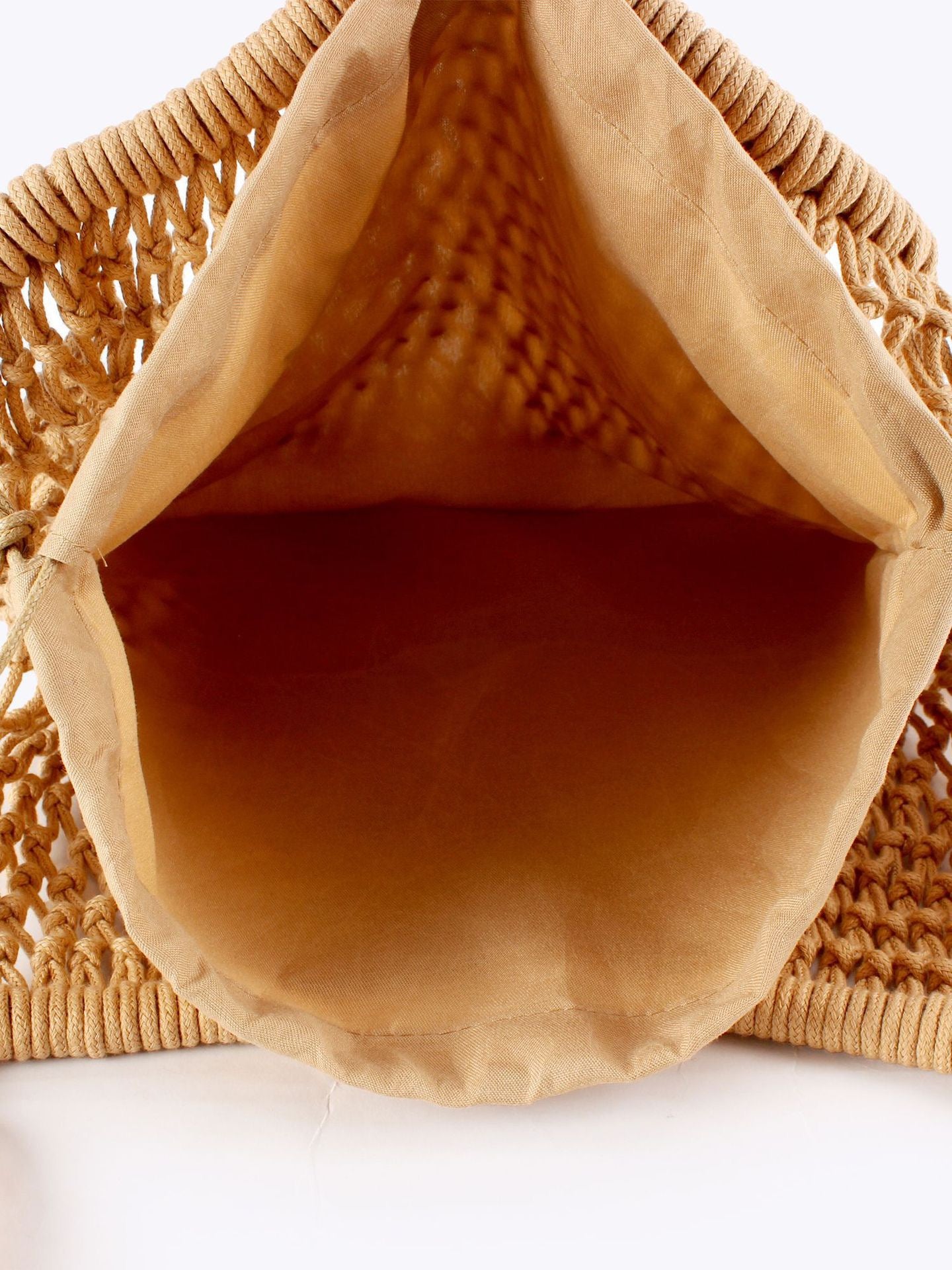 Palmeraie — Grand sac filet macramé camel, anses nouées