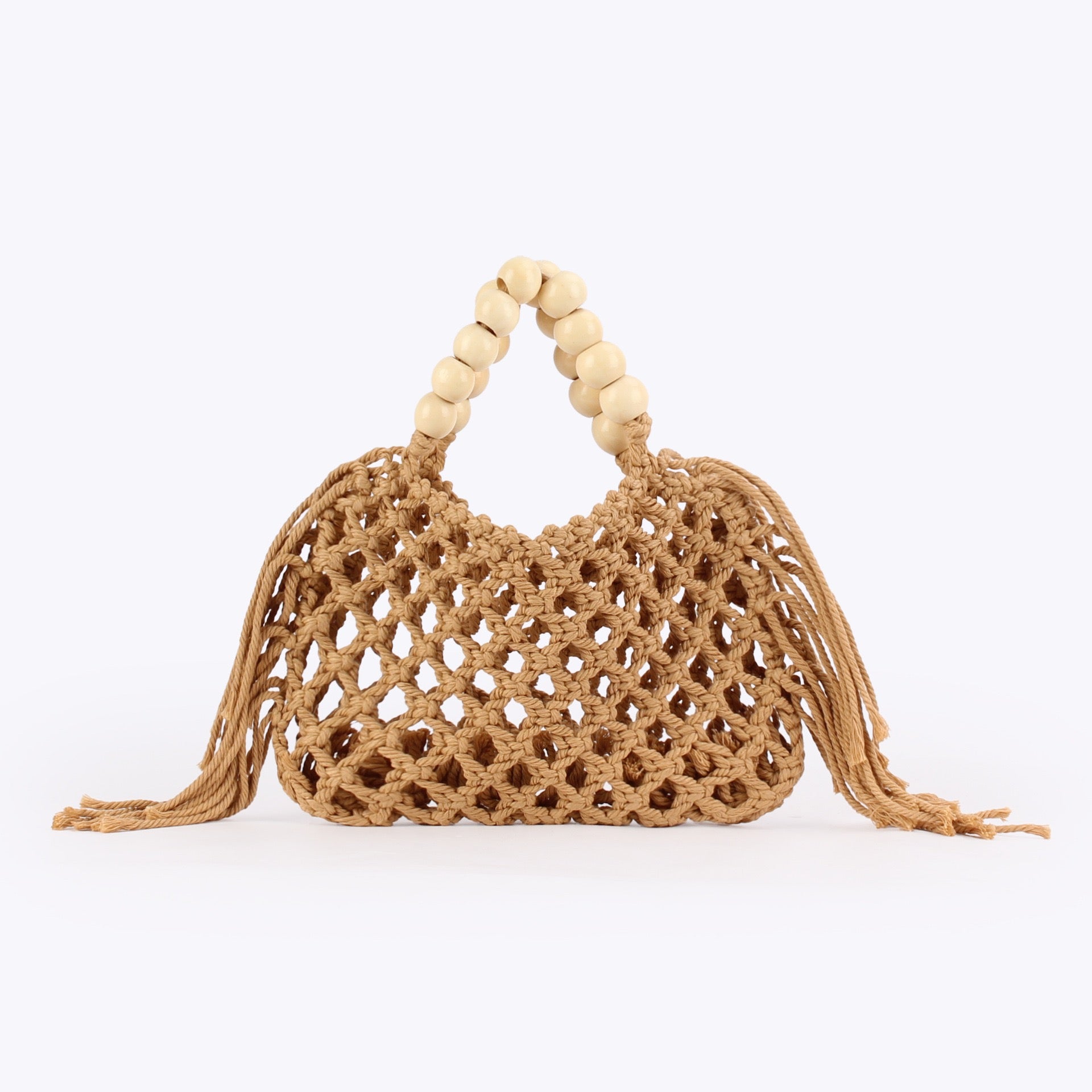 Azur — Mini sac filet macramé bleu, anse perles bois