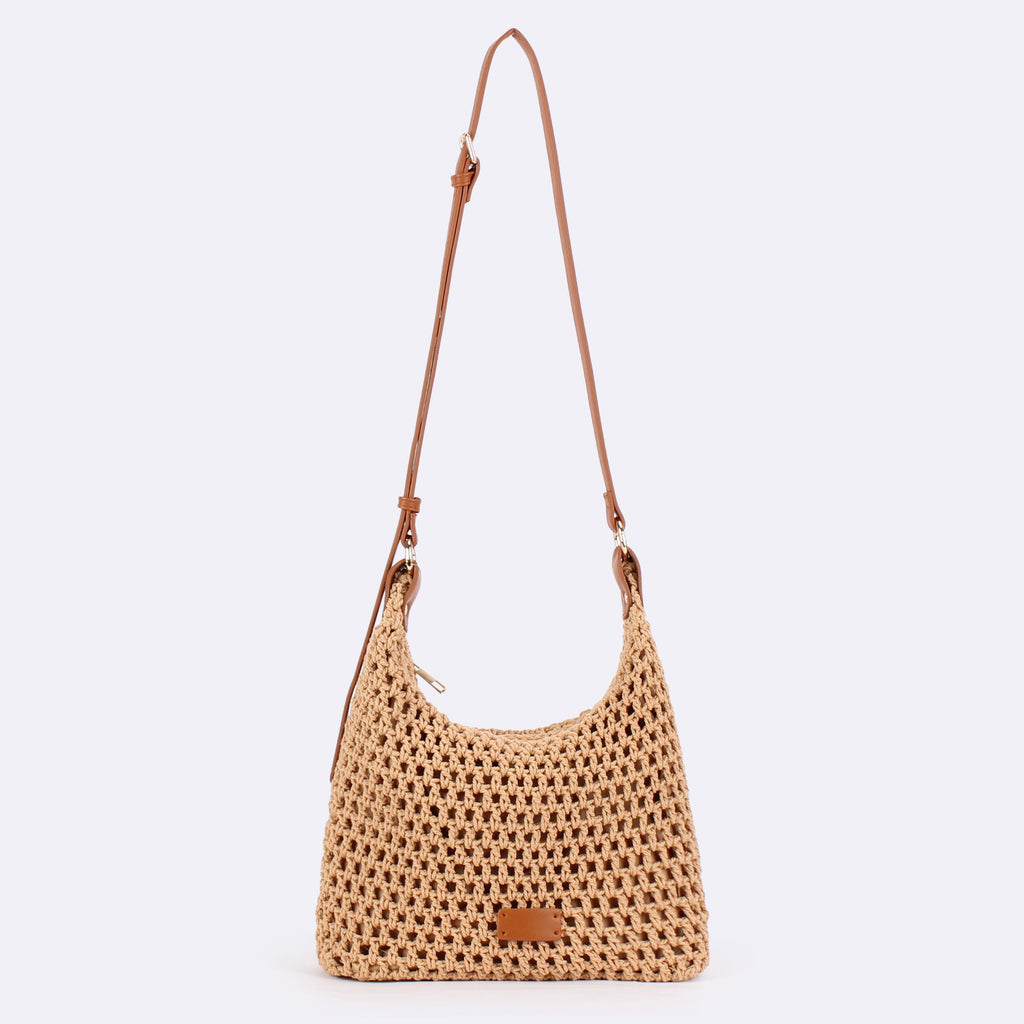 Velours Doré — Sac bandoulière crochet ajouré camel, anse cuir réglable