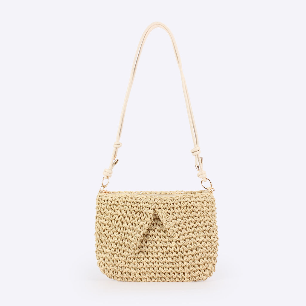 Sable Fin — Mini sac bandoulière crochet camel, lanière cuir