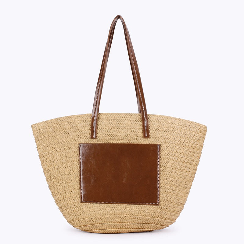 Zéphyr — Grand panier paille à poche cuir & anses cuir