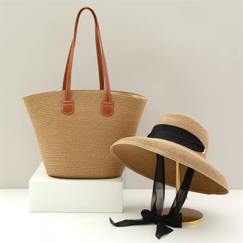 Capri Duo — Cabas anses cuir & capeline à ruban satin noir