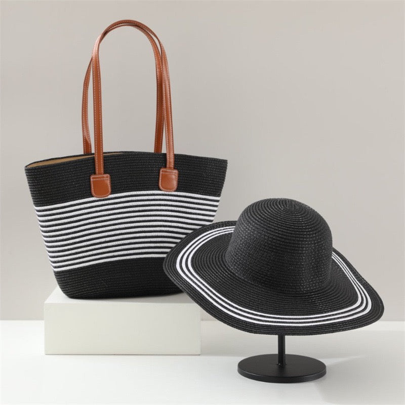 Sahara Duo — Cabas tissé rayé & chapeau à large bord assorti