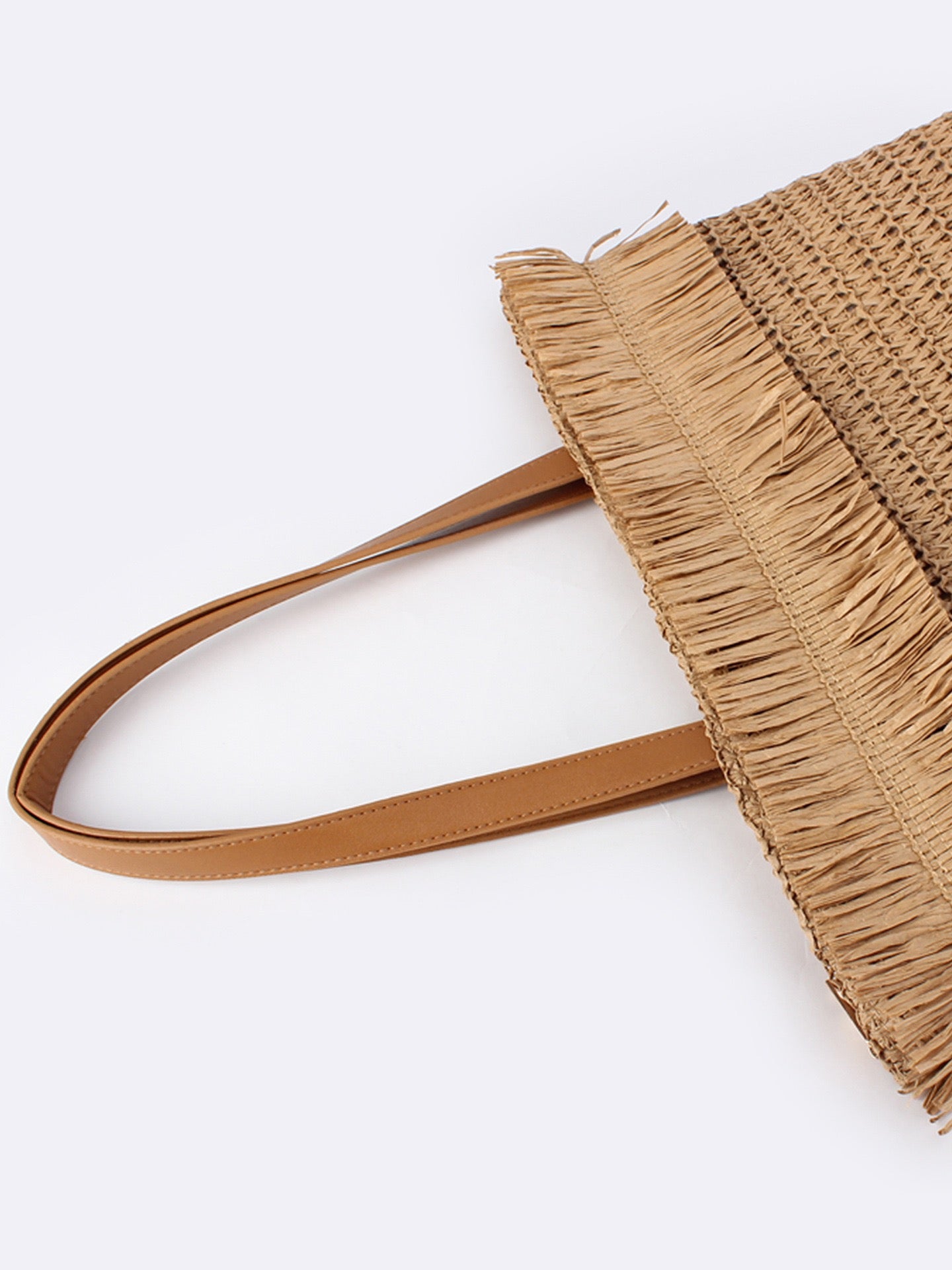 Garrigue — Grand tote en paille à franges, anses cuir