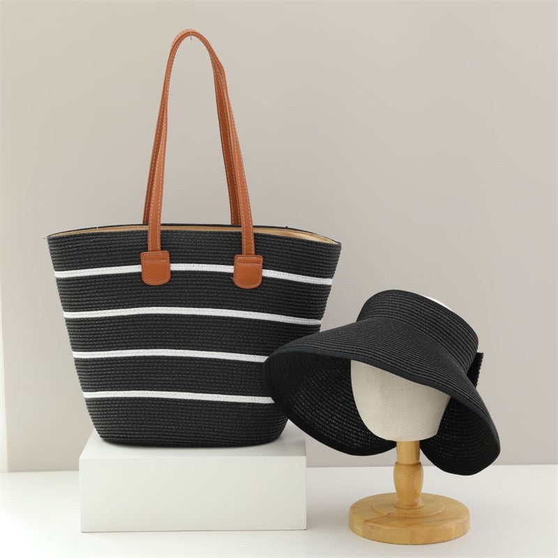 Marrakech Duo — Cabas rayé anses cuir & chapeau large bord