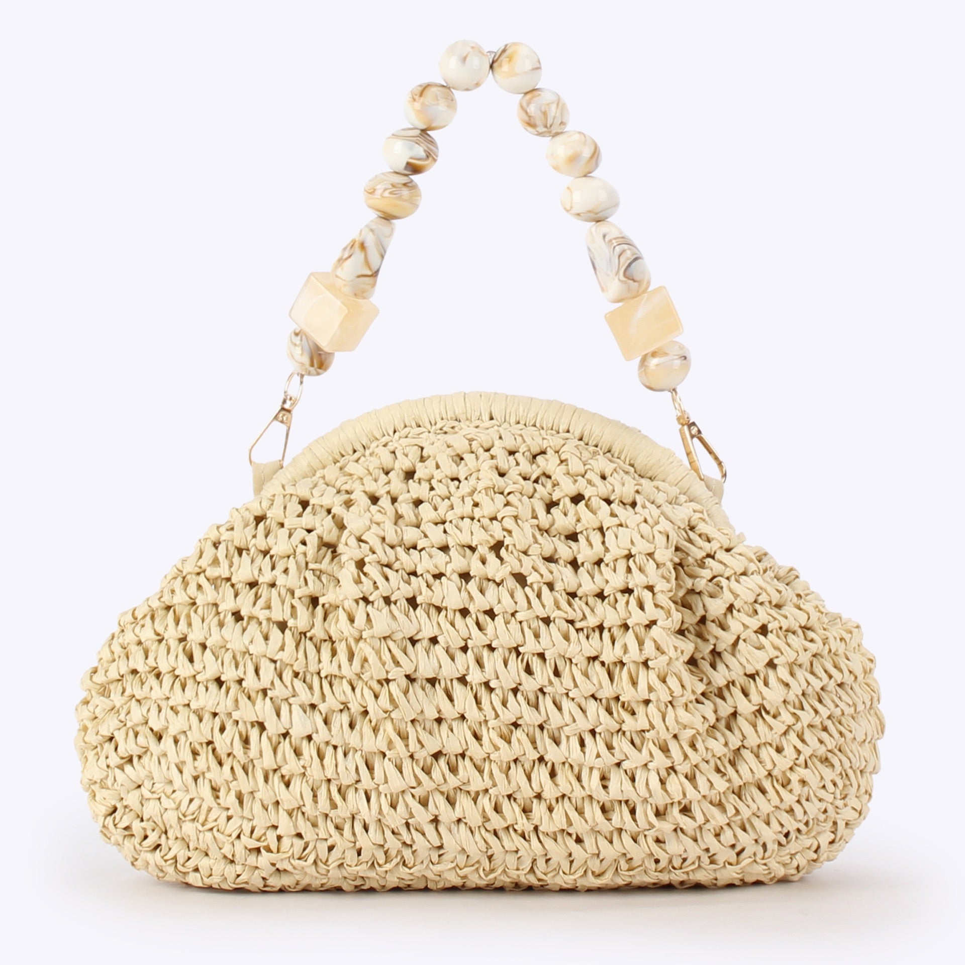 Bohème — Pochette croissant au crochet, anse perles marbrées