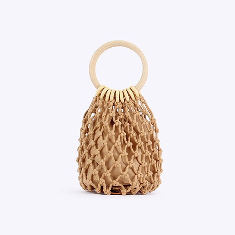 Ibiza — Mini bucket filet macramé, anse anneau bois