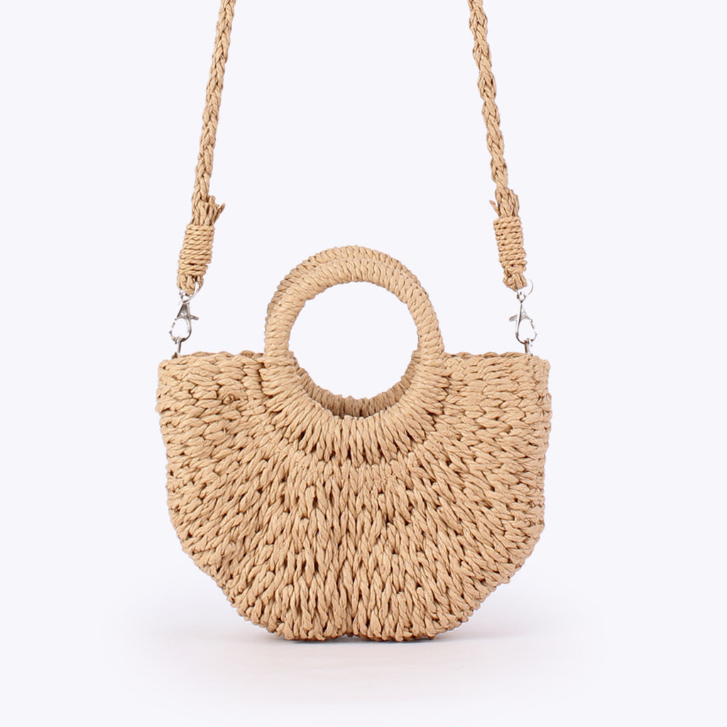 Douceur — Mini sac demi-lune paille à anses anneaux & bandoulière