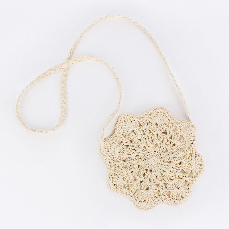 Bohème Pompon — Mini sac rond crochet fleur, bandoulière cordon