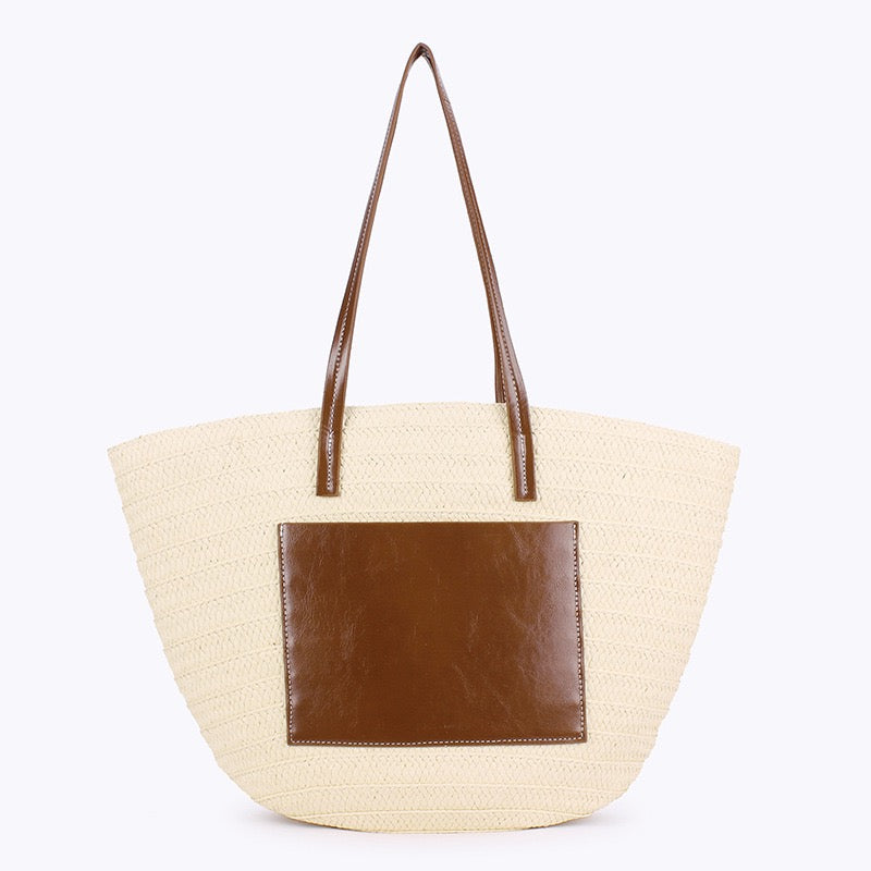 Zéphyr — Grand panier paille à poche cuir & anses cuir