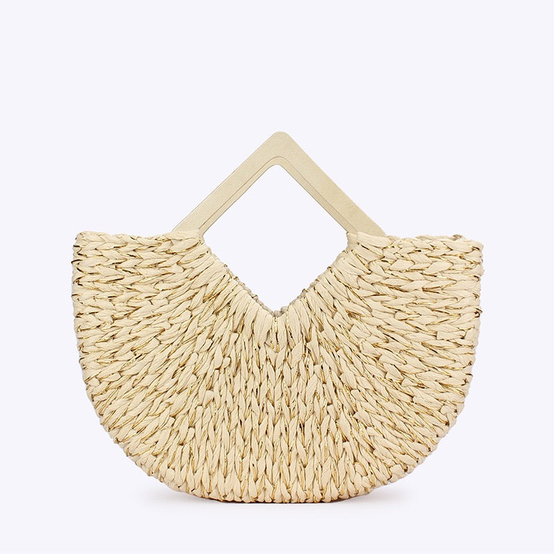 Pétale — Sac demi-lune en raphia doré, anses bois losange