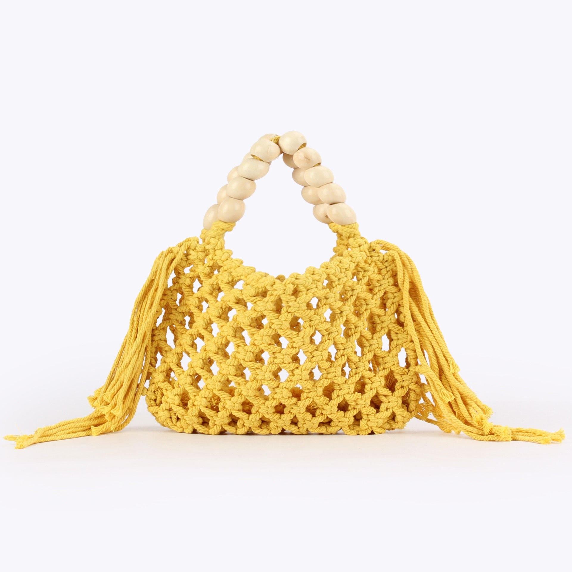 Azur — Mini sac filet macramé bleu, anse perles bois