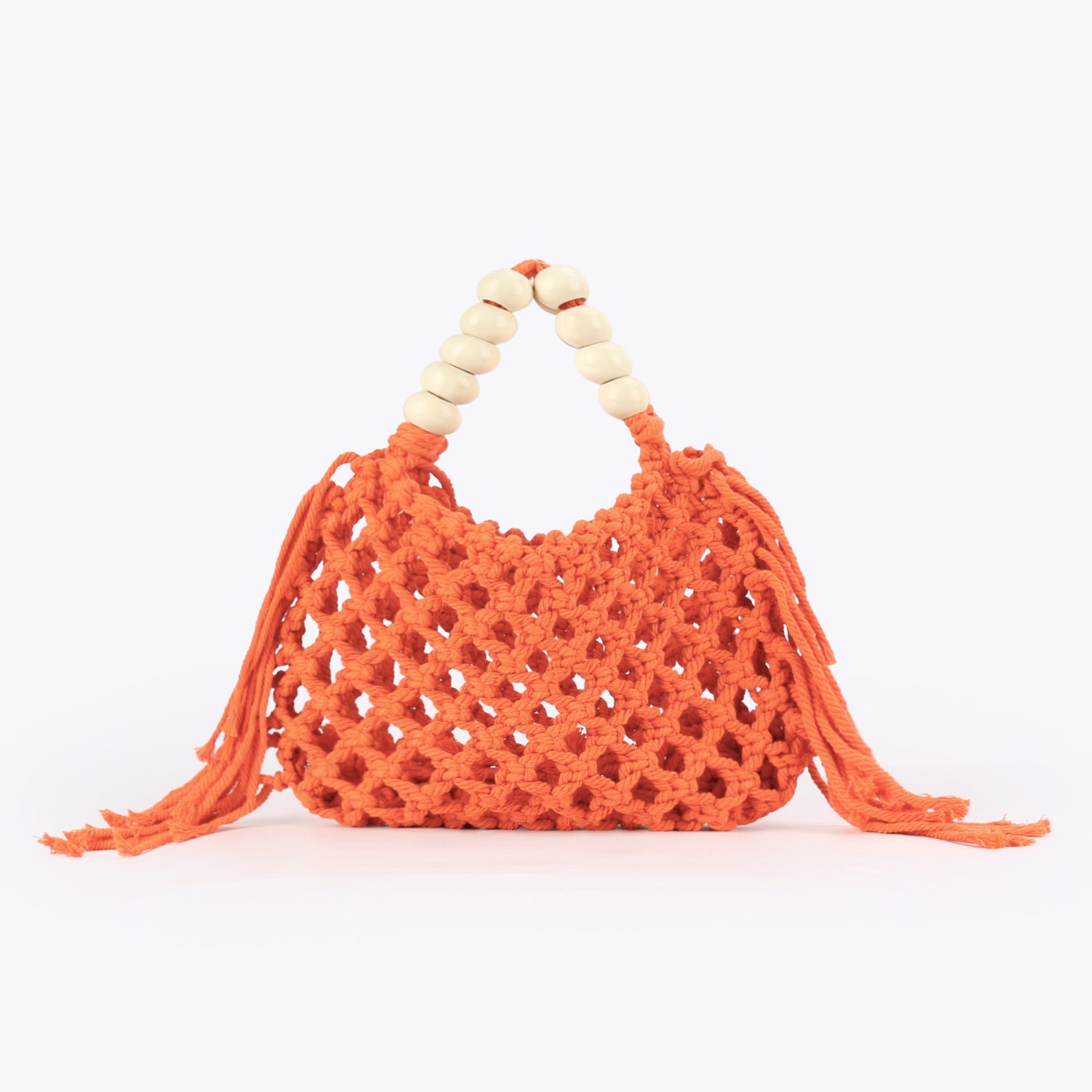 Azur — Mini sac filet macramé bleu, anse perles bois