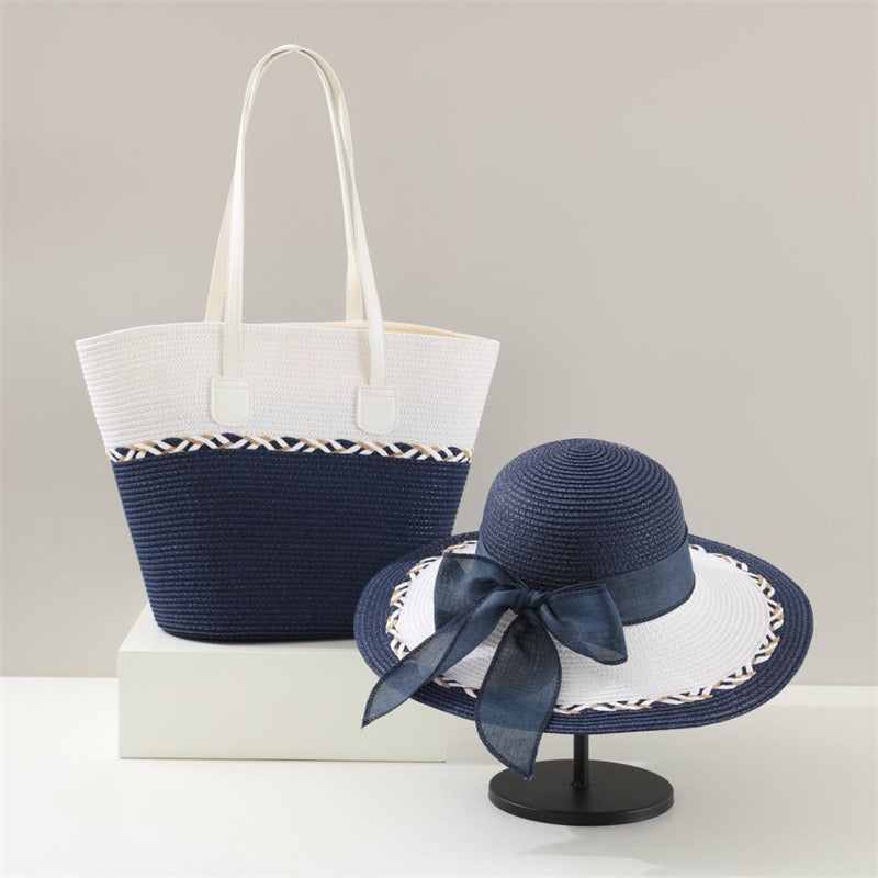 Provence Duo — Cabas bicolore & capeline blanche à ruban satin