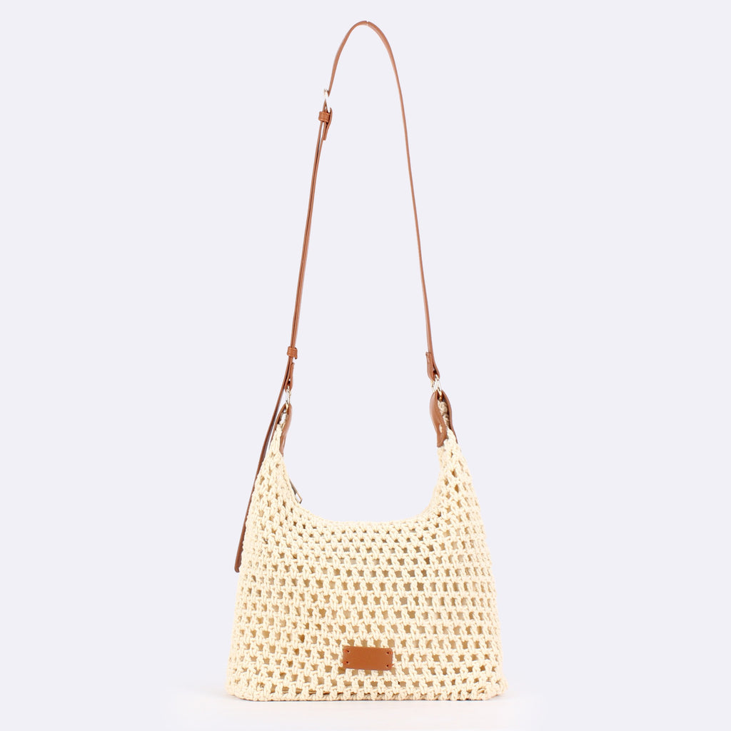 Velours Doré — Sac bandoulière crochet ajouré camel, anse cuir réglable
