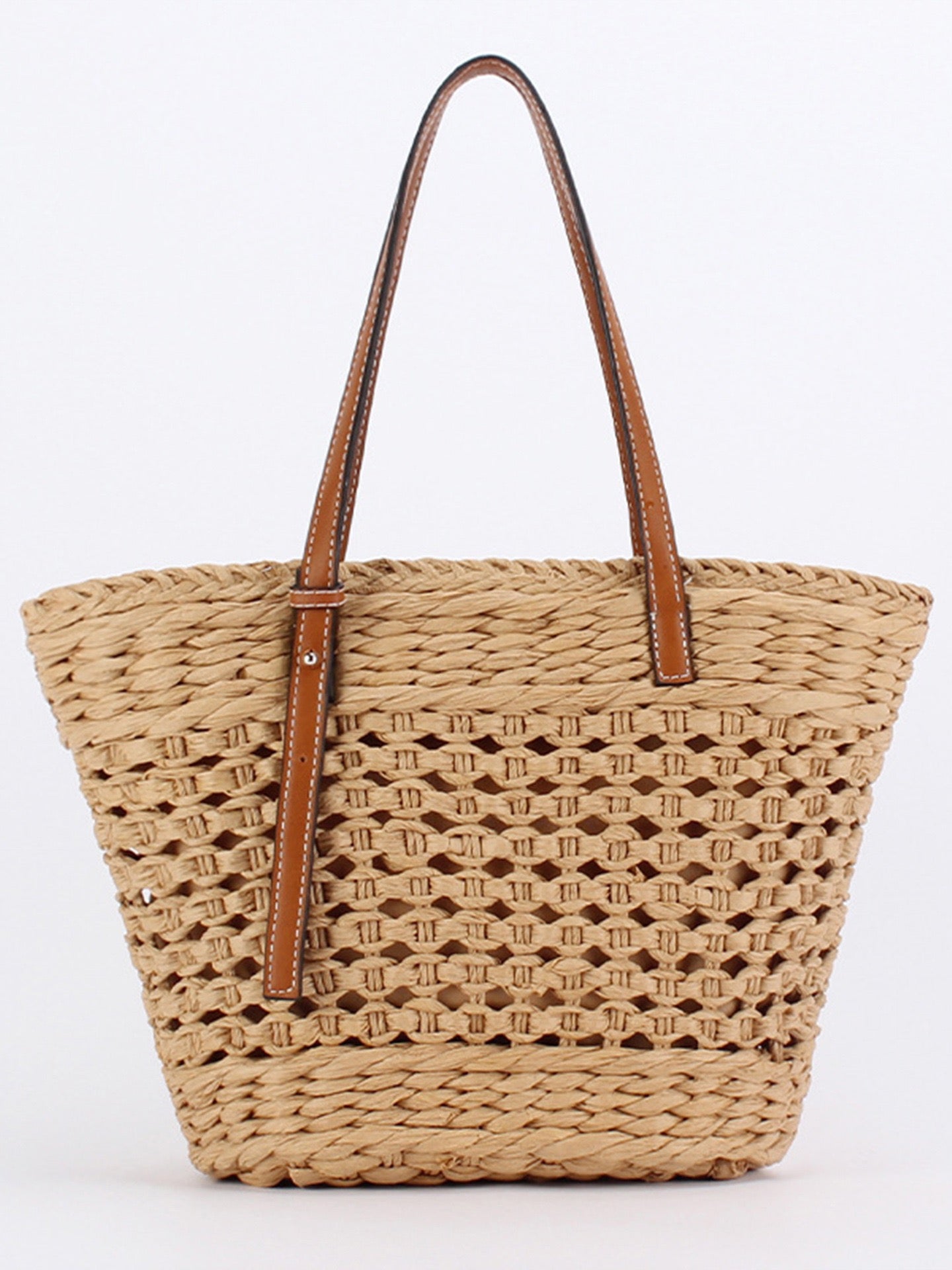 Horizon — Panier paille ajourée ivoire, anses cuir camel
