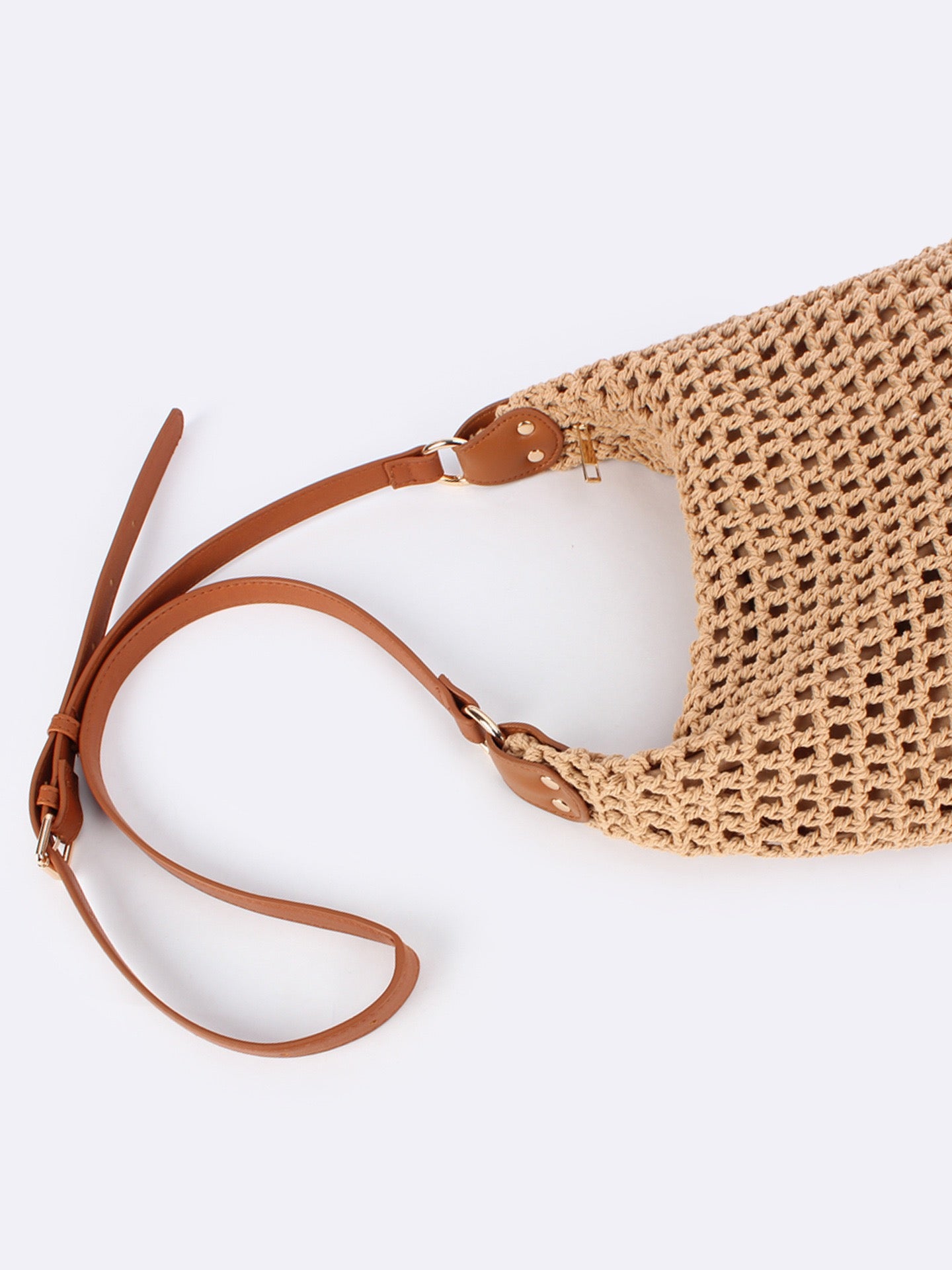 Velours Doré — Sac bandoulière crochet ajouré camel, anse cuir réglable