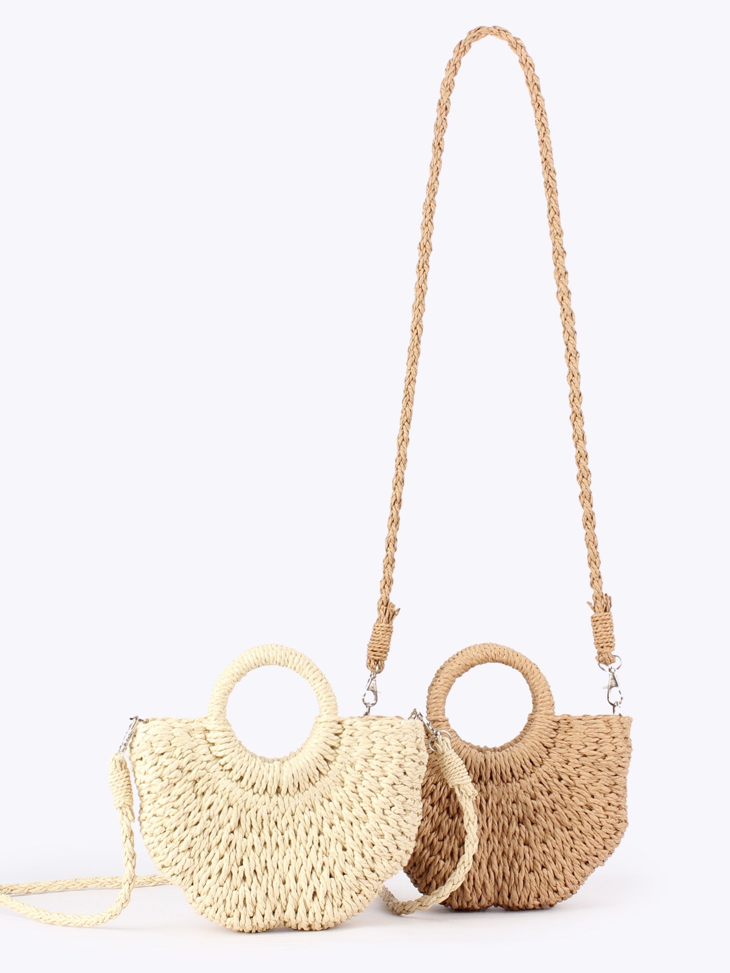Douceur — Mini sac demi-lune paille à anses anneaux & bandoulière