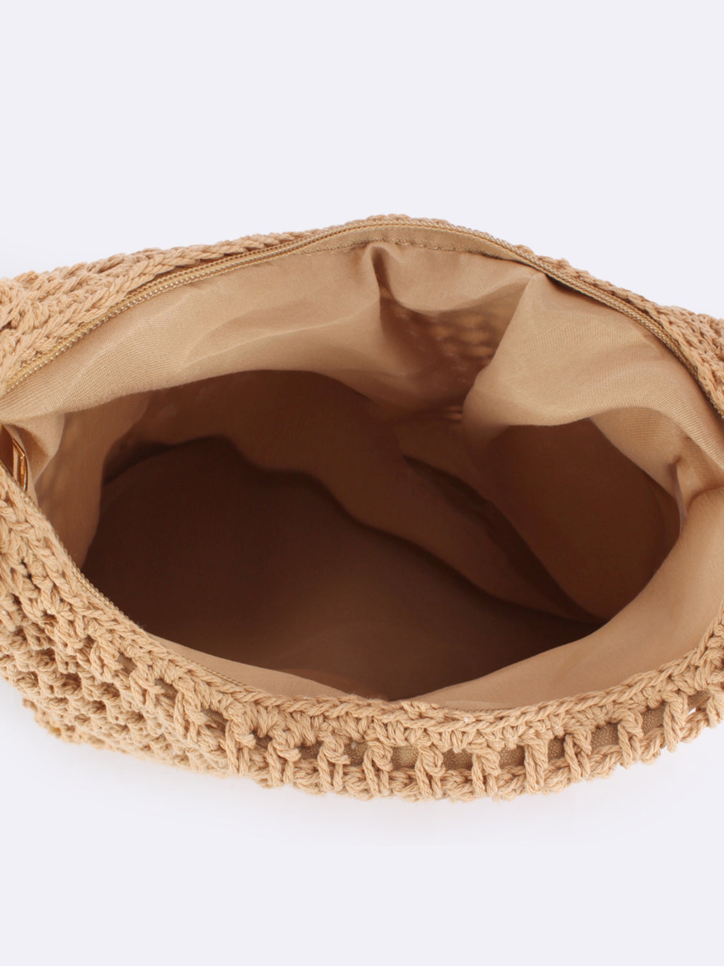 Velours Doré — Sac bandoulière crochet ajouré camel, anse cuir réglable