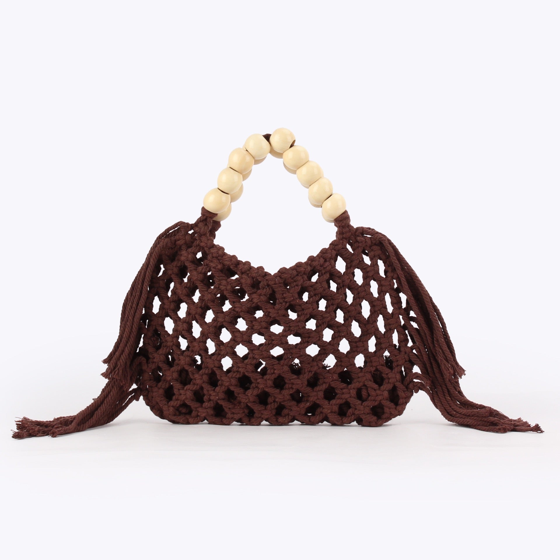 Azur — Mini sac filet macramé bleu, anse perles bois
