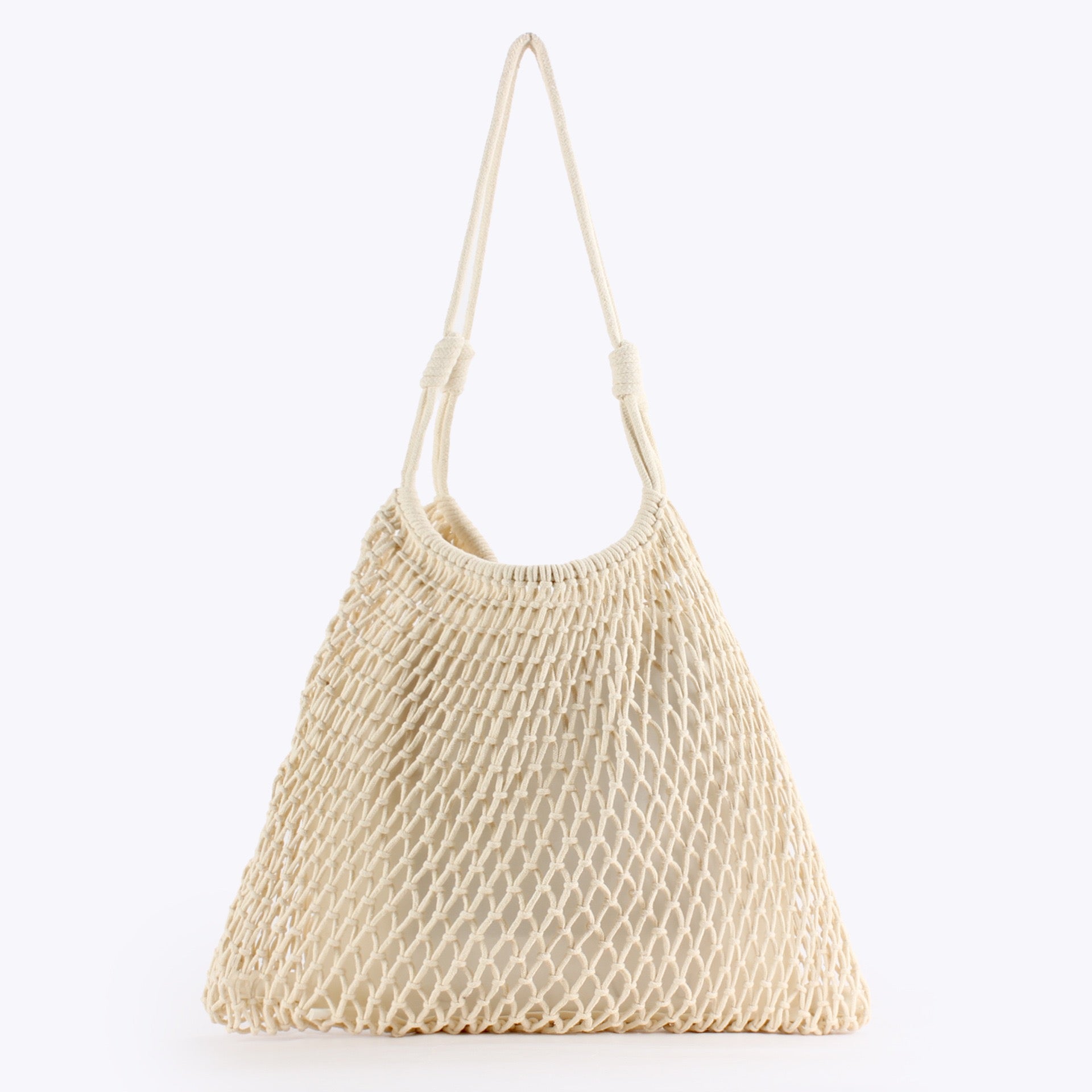 Palmeraie — Grand sac filet macramé camel, anses nouées