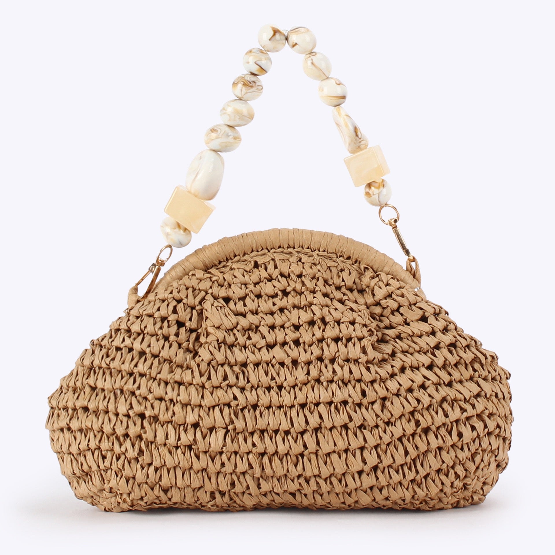 Bohème — Pochette croissant au crochet, anse perles marbrées