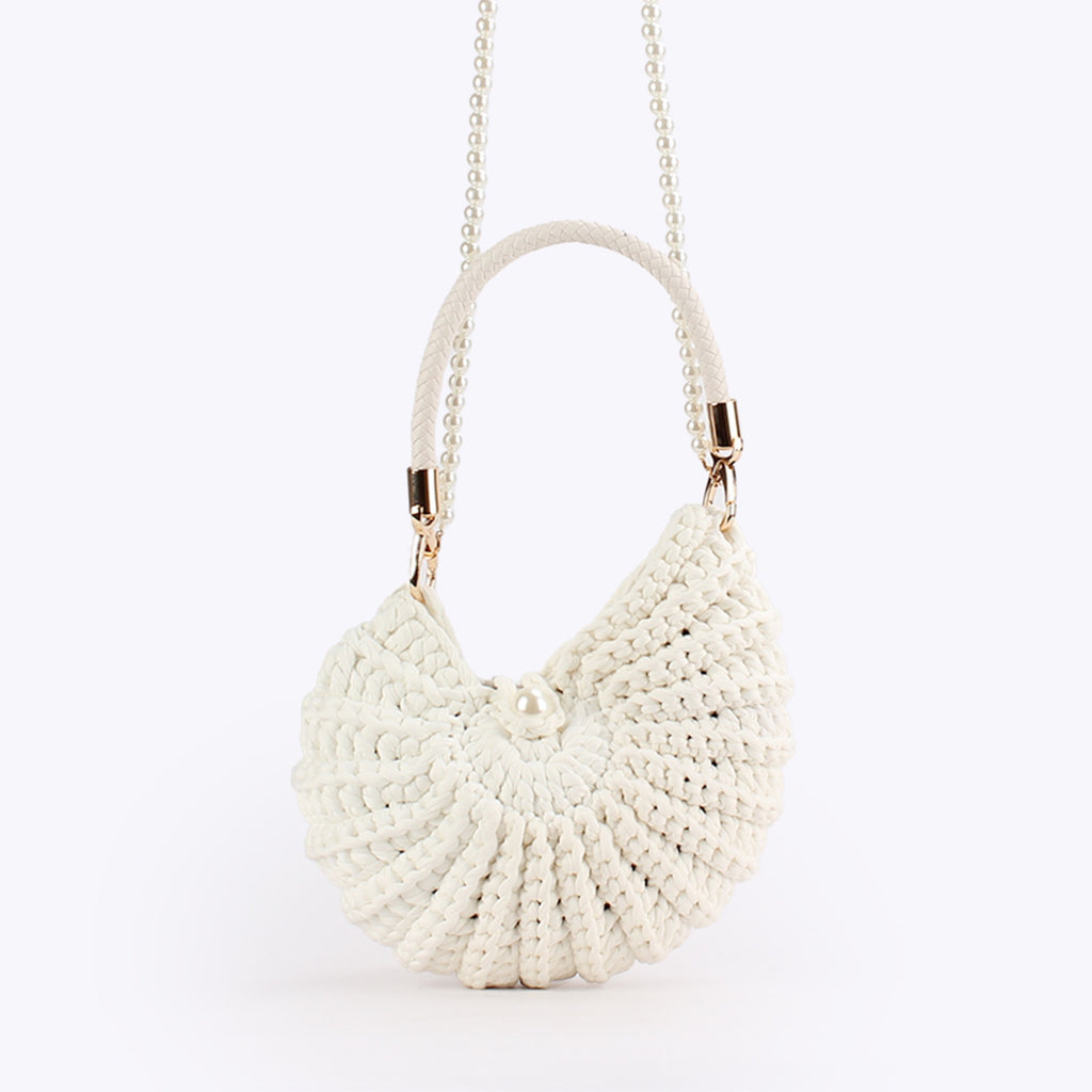 Nordique — Sac coquillage crochet chunky, anse perles & top-handle