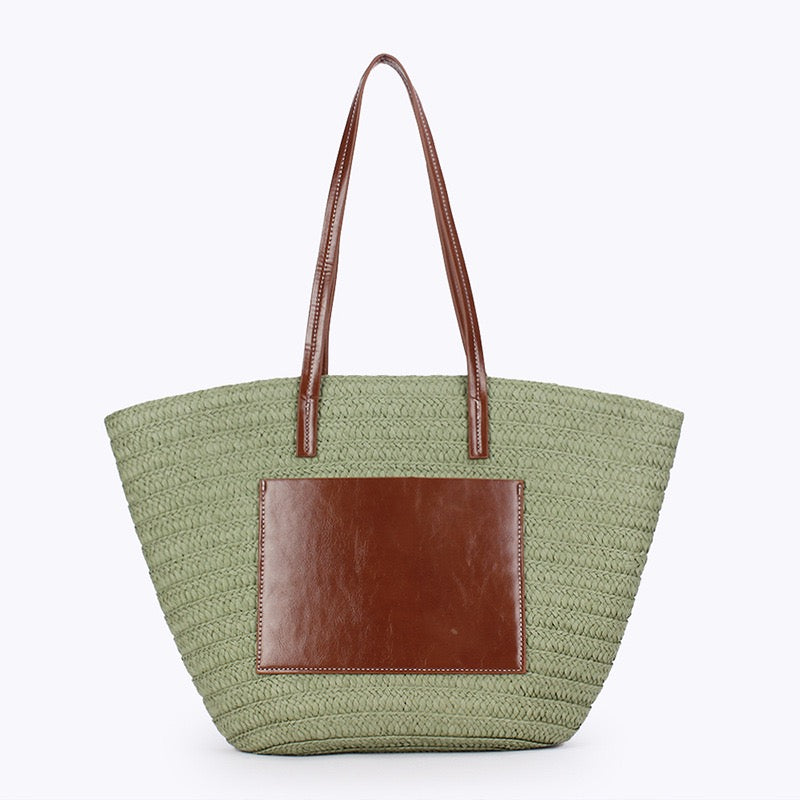 Zéphyr — Grand panier paille à poche cuir & anses cuir
