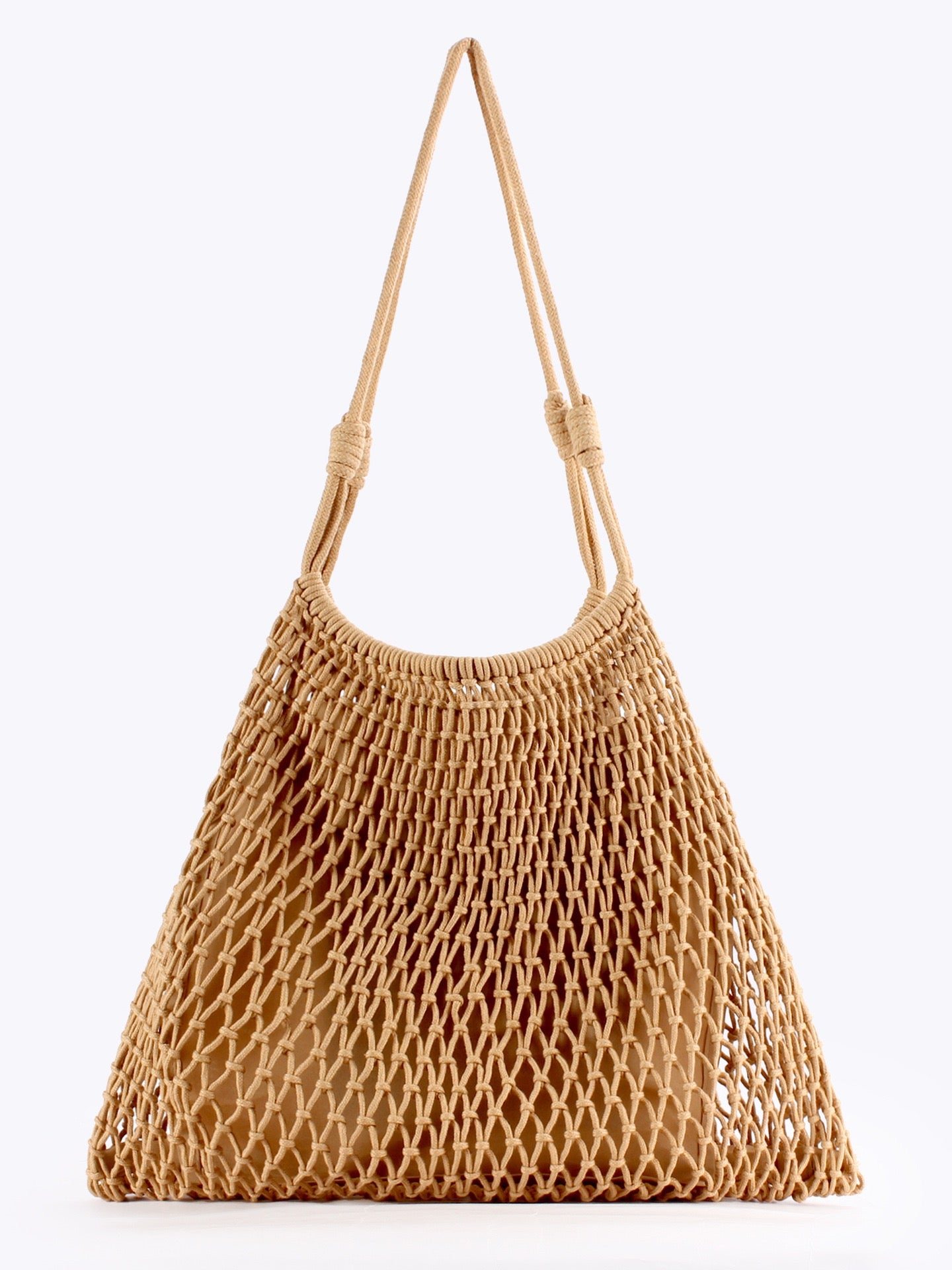 Palmeraie — Grand sac filet macramé camel, anses nouées